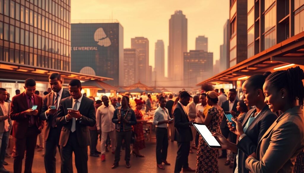A vibrant and dynamic scene showcasing digital payments and financial inclusion within the context of African fintech. In the foreground, a diverse group of professionals, dressed in smart business attire, interact with digital devices, such as smartphones and tablets, displaying financial apps. The middle ground features an ethnically diverse marketplace bustling with individuals using digital payment solutions, reflecting innovation and accessibility. In the background, striking silhouettes of modern urban buildings symbolize growth and advancement in the technology sector. Soft, warm lighting illuminates the scene, creating an optimistic atmosphere, while a slightly elevated angle captures the bustling interaction and energy of the fintech ecosystem, emphasizing collaboration and community. The overall mood underscores the transformative impact of fintech on everyday life in Africa, fostering financial inclusion and empowerment. A vibrant and dynamic scene showcasing digital payments and financial inclusion within the context of African fintech. In the foreground, a diverse group of professionals, dressed in smart business attire, interact with digital devices, such as smartphones and tablets, displaying financial apps. The middle ground features an ethnically diverse marketplace bustling with individuals using digital payment solutions, reflecting innovation and accessibility. In the background, striking silhouettes of modern urban buildings symbolize growth and advancement in the technology sector. Soft, warm lighting illuminates the scene, creating an optimistic atmosphere, while a slightly elevated angle captures the bustling interaction and energy of the fintech ecosystem, emphasizing collaboration and community. The overall mood underscores the transformative impact of fintech on everyday life in Africa, fostering financial inclusion and empowerment.
