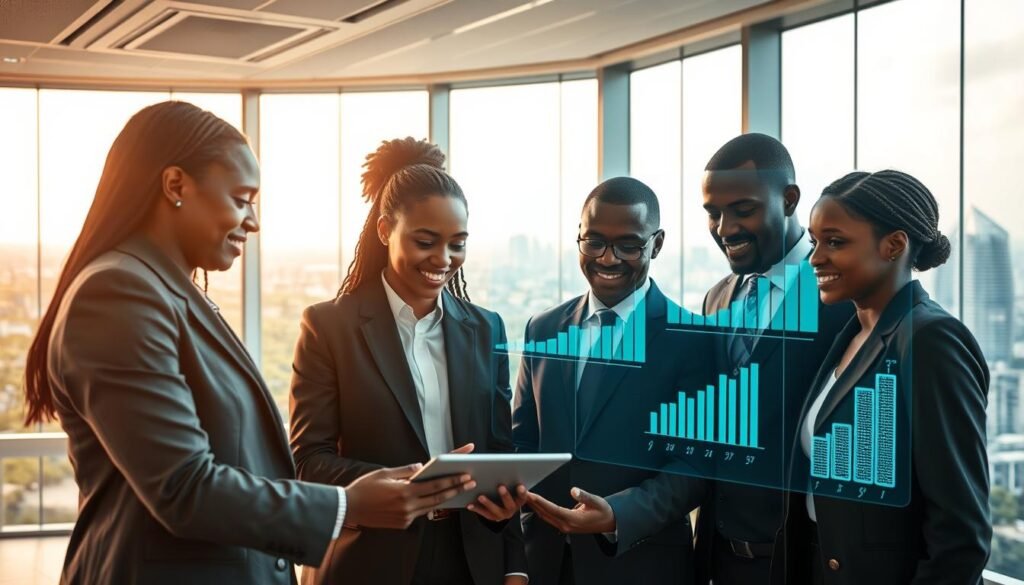 A vibrant and dynamic scene showcasing sector analysis and technological innovations within the African startup ecosystem. In the foreground, a diverse group of professionals, dressed in smart business attire, intently discussing data and innovations over a sleek digital tablet. The middle ground features a modern office space with holographic displays illustrating growth charts and technological graphs. In the background, large windows reveal a bustling cityscape of Nigeria, with green landscapes and high-rise buildings symbolizing progress. Soft, natural lighting floods the space, creating an optimistic atmosphere, while the angle captures both the engaged individuals and the innovative environment around them. The focus is on collaboration, inspiration, and the exciting potential of technology in emerging markets. A vibrant and dynamic scene showcasing sector analysis and technological innovations within the African startup ecosystem. In the foreground, a diverse group of professionals, dressed in smart business attire, intently discussing data and innovations over a sleek digital tablet. The middle ground features a modern office space with holographic displays illustrating growth charts and technological graphs. In the background, large windows reveal a bustling cityscape of Nigeria, with green landscapes and high-rise buildings symbolizing progress. Soft, natural lighting floods the space, creating an optimistic atmosphere, while the angle captures both the engaged individuals and the innovative environment around them. The focus is on collaboration, inspiration, and the exciting potential of technology in emerging markets.