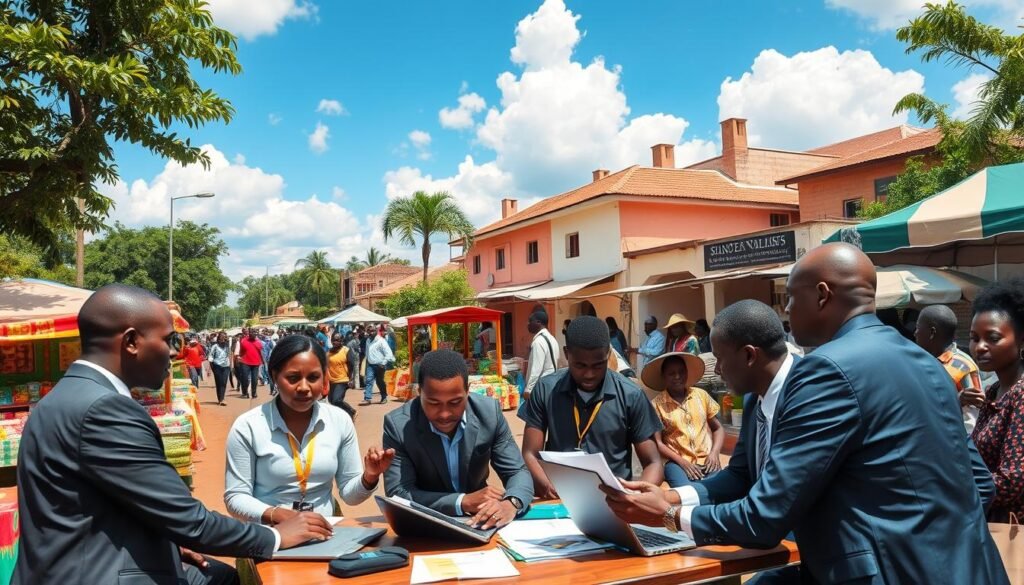 A vibrant and dynamic street scene in Kenya showcasing various social enterprises thriving within the community. In the foreground, a diverse group of professionally dressed individuals collaborates around a table, discussing project ideas over laptops and documents. In the middle ground, colorful market stalls promote local crafts and sustainable goods, while small groups of people engage in discussions about entrepreneurship, surrounded by greenery indicative of Kenya’s rich landscape. The background features a bright blue sky with fluffy clouds and traditional Kenyan architecture, symbolizing harmony between modernity and tradition. Natural lighting creates a warm, inviting atmosphere, emphasizing community spirit and innovation. The angle focuses on the interaction and engagement among participants, capturing the essence of social entrepreneurship in a vibrant setting. A vibrant and dynamic street scene in Kenya showcasing various social enterprises thriving within the community. In the foreground, a diverse group of professionally dressed individuals collaborates around a table, discussing project ideas over laptops and documents. In the middle ground, colorful market stalls promote local crafts and sustainable goods, while small groups of people engage in discussions about entrepreneurship, surrounded by greenery indicative of Kenya’s rich landscape. The background features a bright blue sky with fluffy clouds and traditional Kenyan architecture, symbolizing harmony between modernity and tradition. Natural lighting creates a warm, inviting atmosphere, emphasizing community spirit and innovation. The angle focuses on the interaction and engagement among participants, capturing the essence of social entrepreneurship in a vibrant setting.