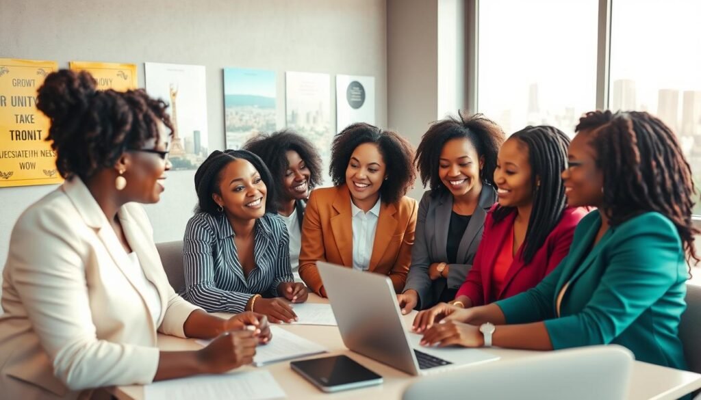 A vibrant and empowering scene depicting women of diverse backgrounds collaborating and overcoming social and cultural barriers in an African business setting. In the foreground, a group of three women, dressed in professional business attire, are engaged in a lively discussion around a table filled with documents and a laptop. The middle ground features a wall adorned with inspirational posters symbolizing growth and unity. In the background, a bright window reveals a bustling cityscape, symbolizing opportunity and progress. The lighting is warm and inviting, casting soft shadows that enhance the atmosphere of collaboration and empowerment. The angle is slightly elevated, offering a panoramic view of this dynamic workspace, capturing the essence of determination and resilience as these women break down barriers together. A vibrant and empowering scene depicting women of diverse backgrounds collaborating and overcoming social and cultural barriers in an African business setting. In the foreground, a group of three women, dressed in professional business attire, are engaged in a lively discussion around a table filled with documents and a laptop. The middle ground features a wall adorned with inspirational posters symbolizing growth and unity. In the background, a bright window reveals a bustling cityscape, symbolizing opportunity and progress. The lighting is warm and inviting, casting soft shadows that enhance the atmosphere of collaboration and empowerment. The angle is slightly elevated, offering a panoramic view of this dynamic workspace, capturing the essence of determination and resilience as these women break down barriers together.