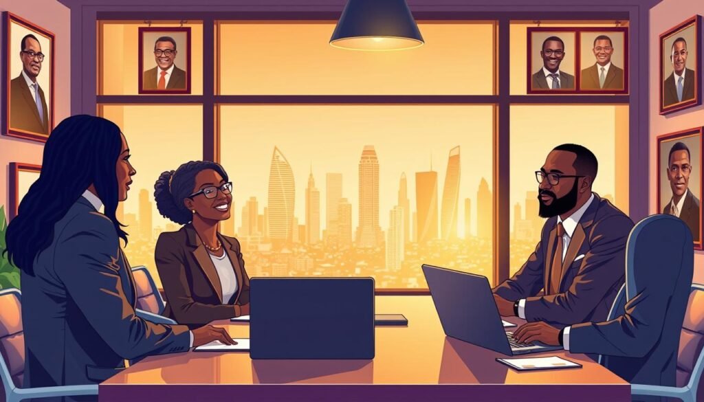 A vibrant and inspirational illustration depicting a gathering of successful Nigerian entrepreneurs, each adorned in professional business attire, engaging in a collaborative discussion. In the foreground, a diverse group of three business leaders—one woman and two men—conversing animatedly around a modern conference table filled with laptops and notepads. The middle ground showcases a large window revealing a bustling Lagos skyline bathed in warm golden lighting, casting a hopeful glow over the scene. In the background, framed pictures of iconic Nigerian business leaders, representing their legacies, are elegantly displayed on the walls. The overall atmosphere is one of motivation and aspiration, suggesting the impact of mentorship and leadership lessons in the Nigerian entrepreneurial landscape. The image should evoke a sense of progress, community, and the pursuit of success while maintaining a professional tone. A vibrant and inspirational illustration depicting a gathering of successful Nigerian entrepreneurs, each adorned in professional business attire, engaging in a collaborative discussion. In the foreground, a diverse group of three business leaders—one woman and two men—conversing animatedly around a modern conference table filled with laptops and notepads. The middle ground showcases a large window revealing a bustling Lagos skyline bathed in warm golden lighting, casting a hopeful glow over the scene. In the background, framed pictures of iconic Nigerian business leaders, representing their legacies, are elegantly displayed on the walls. The overall atmosphere is one of motivation and aspiration, suggesting the impact of mentorship and leadership lessons in the Nigerian entrepreneurial landscape. The image should evoke a sense of progress, community, and the pursuit of success while maintaining a professional tone.