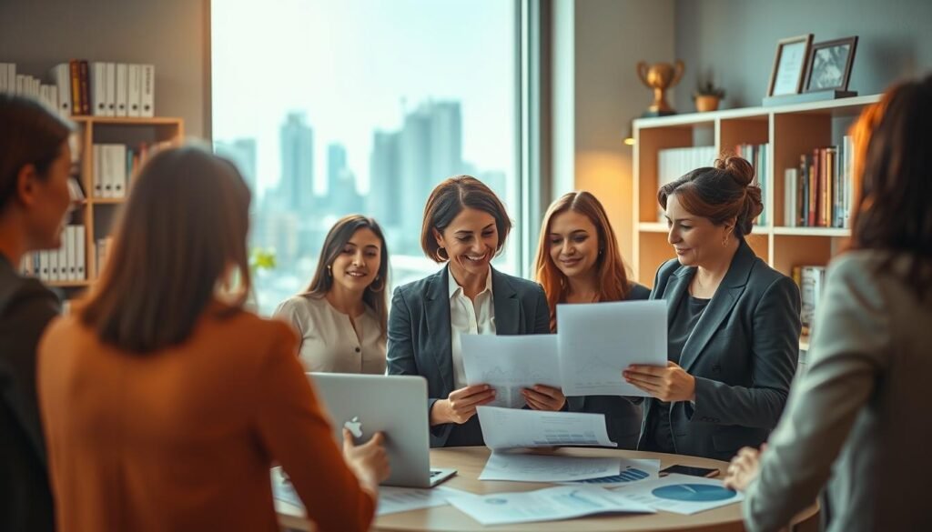 A vibrant and inspiring office environment showcasing a diverse group of women entrepreneurs engaged in discussion. In the foreground, two women in professional business attire are reviewing a financial report and a laptop, symbolizing investment and growth. The middle ground features a round table with charts and graphs, while a window shows a view of a bustling city, representing economic opportunity. The background includes a soft-focus bookshelf filled with business books and awards, emphasizing empowerment. The lighting is bright and uplifting, casting warm tones that convey optimism and collaboration. The overall atmosphere is one of motivation and professionalism, highlighting the importance of policy and investment in supporting women in business. A vibrant and inspiring office environment showcasing a diverse group of women entrepreneurs engaged in discussion. In the foreground, two women in professional business attire are reviewing a financial report and a laptop, symbolizing investment and growth. The middle ground features a round table with charts and graphs, while a window shows a view of a bustling city, representing economic opportunity. The background includes a soft-focus bookshelf filled with business books and awards, emphasizing empowerment. The lighting is bright and uplifting, casting warm tones that convey optimism and collaboration. The overall atmosphere is one of motivation and professionalism, highlighting the importance of policy and investment in supporting women in business.