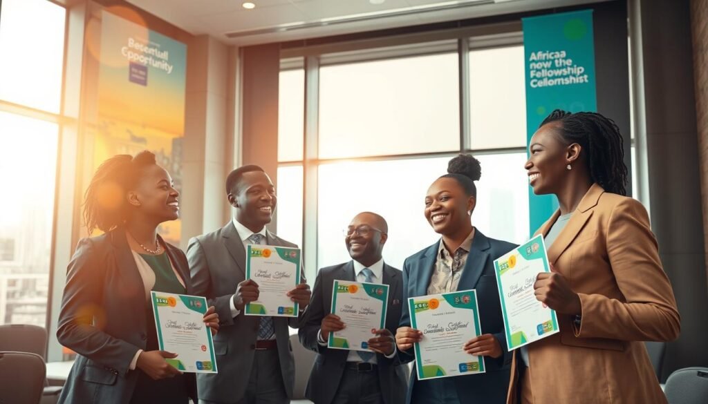 A vibrant and inspiring scene showcasing successful African entrepreneurs celebrating their achievements. In the foreground, a diverse group of three professionals in smart business attire engages in a joyous conversation, holding awards and certificates that symbolize their accomplishments. The middle ground features a well-lit conference room adorned with colorful banners promoting the fellowship program, and a large window reveals a bustling city skyline, representing opportunity. In the background, soft bokeh lighting creates a warm, uplifting atmosphere, further enhanced by sunlight streaming through the window, casting a gentle glow on the participants. The angle captures a sense of collaboration and hope, embodying the spirit of success and support within the entrepreneurial community. A vibrant and inspiring scene showcasing successful African entrepreneurs celebrating their achievements. In the foreground, a diverse group of three professionals in smart business attire engages in a joyous conversation, holding awards and certificates that symbolize their accomplishments. The middle ground features a well-lit conference room adorned with colorful banners promoting the fellowship program, and a large window reveals a bustling city skyline, representing opportunity. In the background, soft bokeh lighting creates a warm, uplifting atmosphere, further enhanced by sunlight streaming through the window, casting a gentle glow on the participants. The angle captures a sense of collaboration and hope, embodying the spirit of success and support within the entrepreneurial community.
