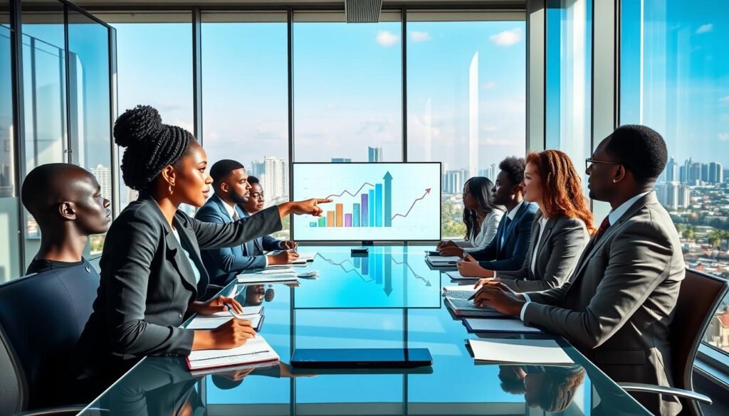 A vibrant and modern office setting showcasing a diverse group of professionals in business attire engaged in a strategic discussion around a large conference table. In the foreground, a confident African woman points at a digital growth chart projected on a screen, illustrating upward trends. In the middle ground, colleagues take notes and collaborate, highlighting teamwork and innovation. The background features large windows with a panoramic city view, reflecting a bustling Lagos skyline, filled with skyscrapers and palm trees under a bright blue sky. Soft, natural light filters in, creating an optimistic and inspiring atmosphere, emphasizing empowerment and ambition in business growth. The image should be clear and dynamic, captured from a slightly elevated angle to encompass the entire scene. A vibrant and modern office setting showcasing a diverse group of professionals in business attire engaged in a strategic discussion around a large conference table. In the foreground, a confident African woman points at a digital growth chart projected on a screen, illustrating upward trends. In the middle ground, colleagues take notes and collaborate, highlighting teamwork and innovation. The background features large windows with a panoramic city view, reflecting a bustling Lagos skyline, filled with skyscrapers and palm trees under a bright blue sky. Soft, natural light filters in, creating an optimistic and inspiring atmosphere, emphasizing empowerment and ambition in business growth. The image should be clear and dynamic, captured from a slightly elevated angle to encompass the entire scene.