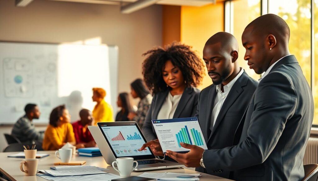 A vibrant and professional scene depicting a diverse group of African entrepreneurs engaged in a discussion about funding opportunities. In the foreground, two figures in business attire earnestly review a laptop displaying charts and graphs related to grants and accelerator programs. One is a woman with curly hair and the other a man with a shaved head, both looking inspired. In the middle ground, a whiteboard filled with ideas and strategies can be seen, while diverse individuals collaborate around a table covered in documents and coffee cups. The background shows a modern office space with large windows letting in warm sunlight, casting a motivating glow. Capture the atmosphere of ambition and collaboration, emphasizing the hope and potential within the startup community. A vibrant and professional scene depicting a diverse group of African entrepreneurs engaged in a discussion about funding opportunities. In the foreground, two figures in business attire earnestly review a laptop displaying charts and graphs related to grants and accelerator programs. One is a woman with curly hair and the other a man with a shaved head, both looking inspired. In the middle ground, a whiteboard filled with ideas and strategies can be seen, while diverse individuals collaborate around a table covered in documents and coffee cups. The background shows a modern office space with large windows letting in warm sunlight, casting a motivating glow. Capture the atmosphere of ambition and collaboration, emphasizing the hope and potential within the startup community.