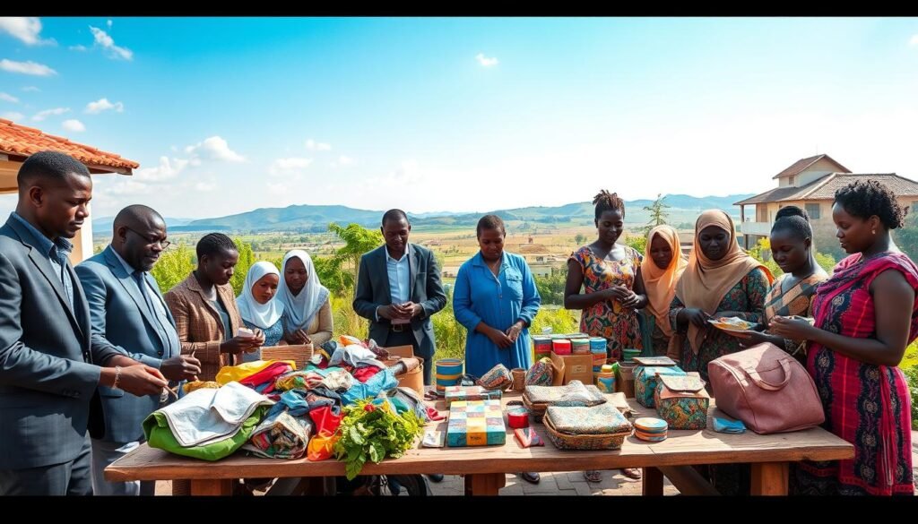 A vibrant and uplifting scene illustrating the concept of a circular economy and upcycling solutions in a Kenyan community. In the foreground, diverse individuals—men and women of varying ages, dressed in professional business attire and modest casual clothing—are collaboratively working on creative upcycling projects using colorful recycled materials, such as fabric and plastic. In the middle ground, you can see innovative products made from upcycled items, displayed prominently on wooden tables, with lush greenery surrounding them. The background features a bright Kenyan landscape with a clear blue sky, sunlit hills, and traditional African architecture. Capture this scene with soft, natural lighting to evoke a sense of optimism and community spirit. Utilize a wide-angle perspective to encompass the collaborative effort and dynamic atmosphere. A vibrant and uplifting scene illustrating the concept of a circular economy and upcycling solutions in a Kenyan community. In the foreground, diverse individuals—men and women of varying ages, dressed in professional business attire and modest casual clothing—are collaboratively working on creative upcycling projects using colorful recycled materials, such as fabric and plastic. In the middle ground, you can see innovative products made from upcycled items, displayed prominently on wooden tables, with lush greenery surrounding them. The background features a bright Kenyan landscape with a clear blue sky, sunlit hills, and traditional African architecture. Capture this scene with soft, natural lighting to evoke a sense of optimism and community spirit. Utilize a wide-angle perspective to encompass the collaborative effort and dynamic atmosphere.