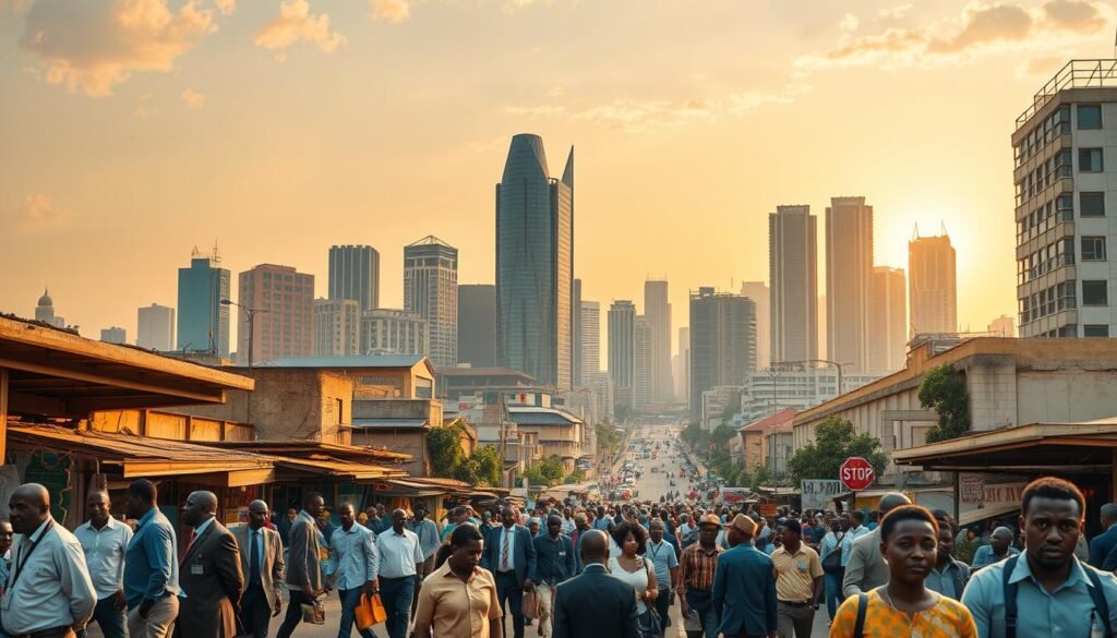 A vibrant cityscape of Lagos, Nigeria, showcasing a bustling marketplace in the foreground with people dressed in professional business attire engaged in discussions and transactions. In the middle ground, illustrated representations of both challenges (such as infrastructure issues and economic barriers) and opportunities (such as innovation hubs and startups) emerge as contrasting elements, symbolized by crumbling roads alongside modern tech offices. In the background, the iconic skyline of modern skyscrapers towers under a warm golden hour light, casting long shadows and giving a hopeful atmosphere. The scene captures a blend of traditional and modern elements, highlighting the dynamic spirit of entrepreneurship and growth in Nigeria's market. Use a wide-angle lens to emphasize the depth and complexity of the scene. A vibrant cityscape of Lagos, Nigeria, showcasing a bustling marketplace in the foreground with people dressed in professional business attire engaged in discussions and transactions. In the middle ground, illustrated representations of both challenges (such as infrastructure issues and economic barriers) and opportunities (such as innovation hubs and startups) emerge as contrasting elements, symbolized by crumbling roads alongside modern tech offices. In the background, the iconic skyline of modern skyscrapers towers under a warm golden hour light, casting long shadows and giving a hopeful atmosphere. The scene captures a blend of traditional and modern elements, highlighting the dynamic spirit of entrepreneurship and growth in Nigeria's market. Use a wide-angle lens to emphasize the depth and complexity of the scene.