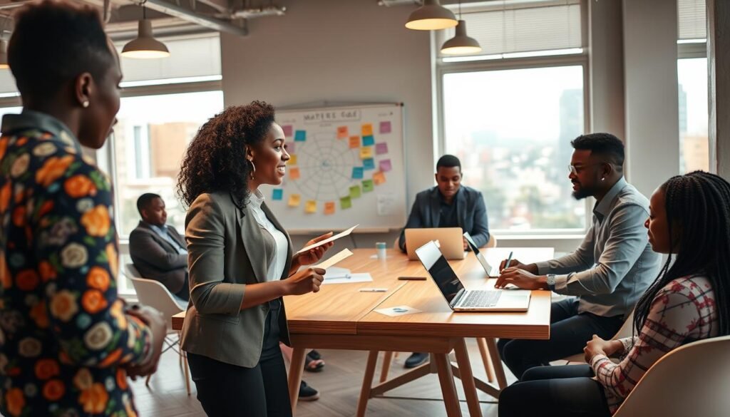 A vibrant co-working space filled with diverse entrepreneurs from Kenya and Rwanda, actively collaborating on innovative business ideas. In the foreground, a young woman in professional attire is presenting her startup concept to a captivated audience. To her right, a man in smart casual clothing takes notes, while another entrepreneur is working on a laptop at a stylish communal table. The middle ground features a whiteboard adorned with colorful diagrams and post-it notes, indicating brainstorming and creativity. The background showcases windows with natural light streaming in, highlighting a bustling urban view of Nairobi or Kigali, enhancing the atmosphere of ambition and success. Emphasize a warm and inspiring vibe, with soft lighting to create an inviting environment. Use a wide-angle perspective to capture the essence of collaboration and innovation. A vibrant co-working space filled with diverse entrepreneurs from Kenya and Rwanda, actively collaborating on innovative business ideas. In the foreground, a young woman in professional attire is presenting her startup concept to a captivated audience. To her right, a man in smart casual clothing takes notes, while another entrepreneur is working on a laptop at a stylish communal table. The middle ground features a whiteboard adorned with colorful diagrams and post-it notes, indicating brainstorming and creativity. The background showcases windows with natural light streaming in, highlighting a bustling urban view of Nairobi or Kigali, enhancing the atmosphere of ambition and success. Emphasize a warm and inspiring vibe, with soft lighting to create an inviting environment. Use a wide-angle perspective to capture the essence of collaboration and innovation.