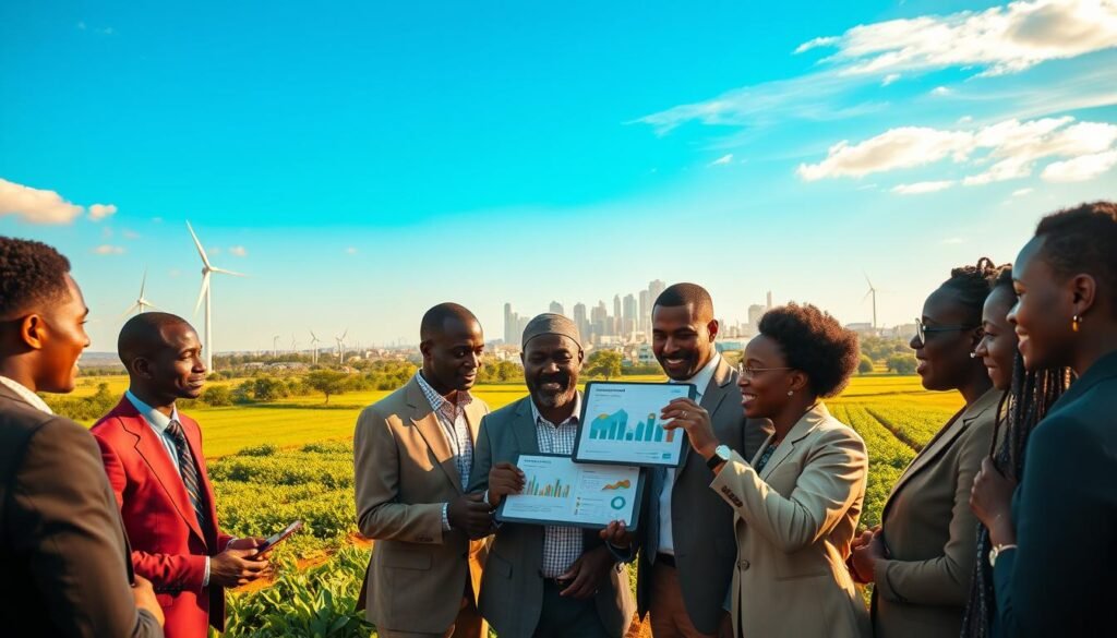 A vibrant depiction of successful impact investment projects in Africa. In the foreground, a diverse group of professionals, men and women of various ethnic backgrounds, are gathered, engaged in a lively discussion around a tablet displaying graphs and charts. They are dressed in professional business attire, embodying collaboration and innovation. The middle ground features sustainable agricultural initiatives, such as lush green fields and farmers harvesting crops, symbolizing economic growth. In the background, an African city skyline glimmers under a bright blue sky, with solar panels and wind turbines illustrating investment in renewable energy. The lighting is warm and inviting, casting a golden hue on the scene, evoking a sense of hope and progress in the atmosphere. The angle should be slightly elevated to capture both the human element and the landscape effectively. A vibrant depiction of successful impact investment projects in Africa. In the foreground, a diverse group of professionals, men and women of various ethnic backgrounds, are gathered, engaged in a lively discussion around a tablet displaying graphs and charts. They are dressed in professional business attire, embodying collaboration and innovation. The middle ground features sustainable agricultural initiatives, such as lush green fields and farmers harvesting crops, symbolizing economic growth. In the background, an African city skyline glimmers under a bright blue sky, with solar panels and wind turbines illustrating investment in renewable energy. The lighting is warm and inviting, casting a golden hue on the scene, evoking a sense of hope and progress in the atmosphere. The angle should be slightly elevated to capture both the human element and the landscape effectively.