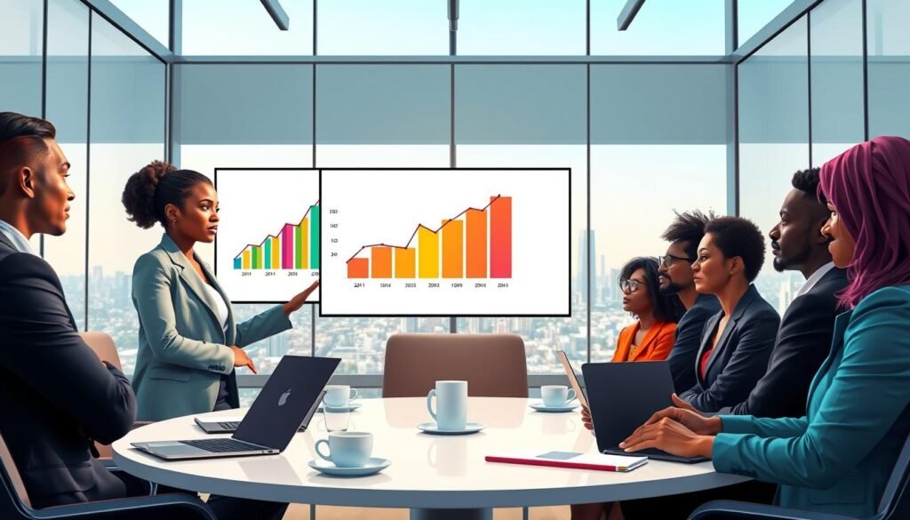 A vibrant, engaging illustration depicting strategies for venture growth, featuring a diverse group of South African business leaders in a modern conference room. In the foreground, a confident Black woman in professional business attire presents a colorful growth chart on a large screen, while other leaders attentively watch, showcasing a variety of ethnicities. The middle ground includes a sleek round table with laptops, notepads, and coffee cups, emphasizing collaboration and innovation. In the background, large windows reveal a bustling city skyline under bright, natural lighting, creating an optimistic and inspiring atmosphere. The image should be shot from an eye-level angle, capturing the energy and professionalism of the scene. The overall mood is one of empowerment, focus, and growth. A vibrant, engaging illustration depicting strategies for venture growth, featuring a diverse group of South African business leaders in a modern conference room. In the foreground, a confident Black woman in professional business attire presents a colorful growth chart on a large screen, while other leaders attentively watch, showcasing a variety of ethnicities. The middle ground includes a sleek round table with laptops, notepads, and coffee cups, emphasizing collaboration and innovation. In the background, large windows reveal a bustling city skyline under bright, natural lighting, creating an optimistic and inspiring atmosphere. The image should be shot from an eye-level angle, capturing the energy and professionalism of the scene. The overall mood is one of empowerment, focus, and growth.