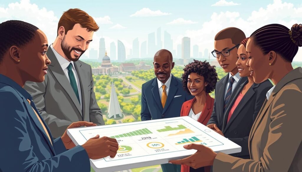 A vibrant illustration depicting a thriving public policy entrepreneurial ecosystem in Africa. In the foreground, diverse individuals in professional business attire engage in collaborative discussions around a digital tablet, showcasing graphs and data about venture capital opportunities. The middle ground reveals an urban landscape with modern office buildings and greenery, symbolizing innovation and growth. In the background, outlines of notable African landmarks suggest regional identity and cultural richness. Soft, natural lighting illuminates the scene, creating an optimistic and dynamic atmosphere. The perspective is slightly aerial, enhancing the cohesive blend of technology, policy, and entrepreneurial spirit. Focus on clarity and professionalism to portray an inspiring vision of development in Africa's entrepreneurial landscape. A vibrant illustration depicting a thriving public policy entrepreneurial ecosystem in Africa. In the foreground, diverse individuals in professional business attire engage in collaborative discussions around a digital tablet, showcasing graphs and data about venture capital opportunities. The middle ground reveals an urban landscape with modern office buildings and greenery, symbolizing innovation and growth. In the background, outlines of notable African landmarks suggest regional identity and cultural richness. Soft, natural lighting illuminates the scene, creating an optimistic and dynamic atmosphere. The perspective is slightly aerial, enhancing the cohesive blend of technology, policy, and entrepreneurial spirit. Focus on clarity and professionalism to portray an inspiring vision of development in Africa's entrepreneurial landscape.