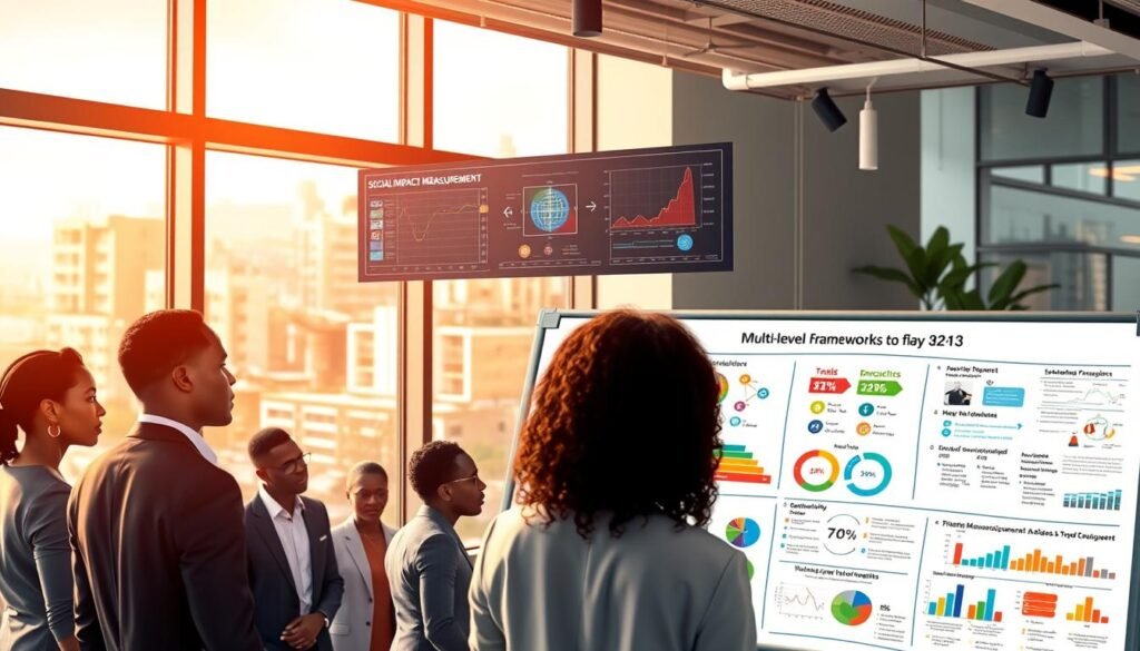 A vibrant illustration of a multilevel framework for social impact measurement, set in a dynamic office environment. In the foreground, a diverse group of professionals in business attire collaborate around a large whiteboard featuring colorful diagrams and charts representing various measurement methodologies. The middle ground includes a digital data display, showcasing impactful statistics and visual data analytics. In the background, large windows let in warm, natural light, illuminating an urban landscape that hints at African architecture. The atmosphere is collaborative and focused, conveying a sense of innovation and purpose. Capture the scene with a wide-angle lens, ensuring clarity and depth of field, to create an engaging visual narrative. A vibrant illustration of a multilevel framework for social impact measurement, set in a dynamic office environment. In the foreground, a diverse group of professionals in business attire collaborate around a large whiteboard featuring colorful diagrams and charts representing various measurement methodologies. The middle ground includes a digital data display, showcasing impactful statistics and visual data analytics. In the background, large windows let in warm, natural light, illuminating an urban landscape that hints at African architecture. The atmosphere is collaborative and focused, conveying a sense of innovation and purpose. Capture the scene with a wide-angle lens, ensuring clarity and depth of field, to create an engaging visual narrative.