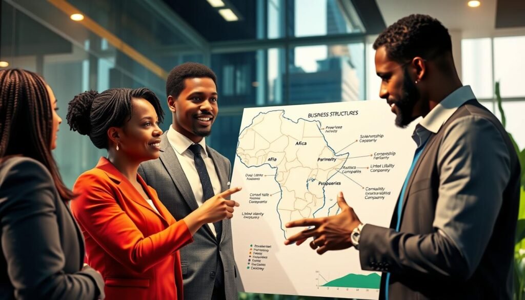 A vibrant illustration of various business entity structures in Africa, showcasing a diverse group of professional individuals engaged in discussion and collaboration. In the foreground, a group of three businesspeople—two men and one woman—dressed in professional business attire, are pointing at a detailed diagram of business structures, including sole proprietorships, partnerships, and limited liability companies. In the middle ground, a large map of Africa is visible, pinpointing major cities. The background features modern office buildings and greenery, symbolizing growth and opportunity. Soft, warm lighting enhances a motivating atmosphere, while an angle from slightly above captures the collaborative spirit. The overall mood is one of professionalism, innovation, and unity in the business landscape of Africa. A vibrant illustration of various business entity structures in Africa, showcasing a diverse group of professional individuals engaged in discussion and collaboration. In the foreground, a group of three businesspeople—two men and one woman—dressed in professional business attire, are pointing at a detailed diagram of business structures, including sole proprietorships, partnerships, and limited liability companies. In the middle ground, a large map of Africa is visible, pinpointing major cities. The background features modern office buildings and greenery, symbolizing growth and opportunity. Soft, warm lighting enhances a motivating atmosphere, while an angle from slightly above captures the collaborative spirit. The overall mood is one of professionalism, innovation, and unity in the business landscape of Africa.