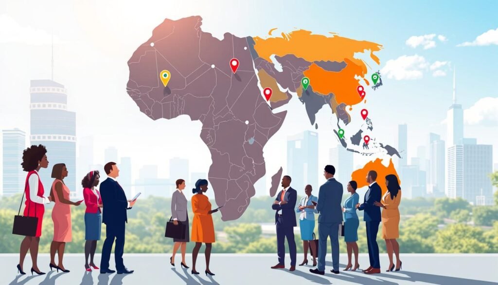 A vibrant illustration showcasing the concept of African development banks and their member countries. In the foreground, a diverse group of professionals in business attire engage in discussion, symbolizing collaboration and growth. The middle ground features a world map of Africa, highlighting various member countries with colorful markers, each representing their unique contributions and influence. In the background, a modern city skyline suggests progress and development, with bright, natural lighting casting a hopeful ambiance over the scene. Use a wide-angle perspective to capture the expansive nature of these institutions and their role in economic growth. The overall mood is collaborative and forward-looking, emphasizing unity and aspiration within the African continent. A vibrant illustration showcasing the concept of African development banks and their member countries. In the foreground, a diverse group of professionals in business attire engage in discussion, symbolizing collaboration and growth. The middle ground features a world map of Africa, highlighting various member countries with colorful markers, each representing their unique contributions and influence. In the background, a modern city skyline suggests progress and development, with bright, natural lighting casting a hopeful ambiance over the scene. Use a wide-angle perspective to capture the expansive nature of these institutions and their role in economic growth. The overall mood is collaborative and forward-looking, emphasizing unity and aspiration within the African continent.