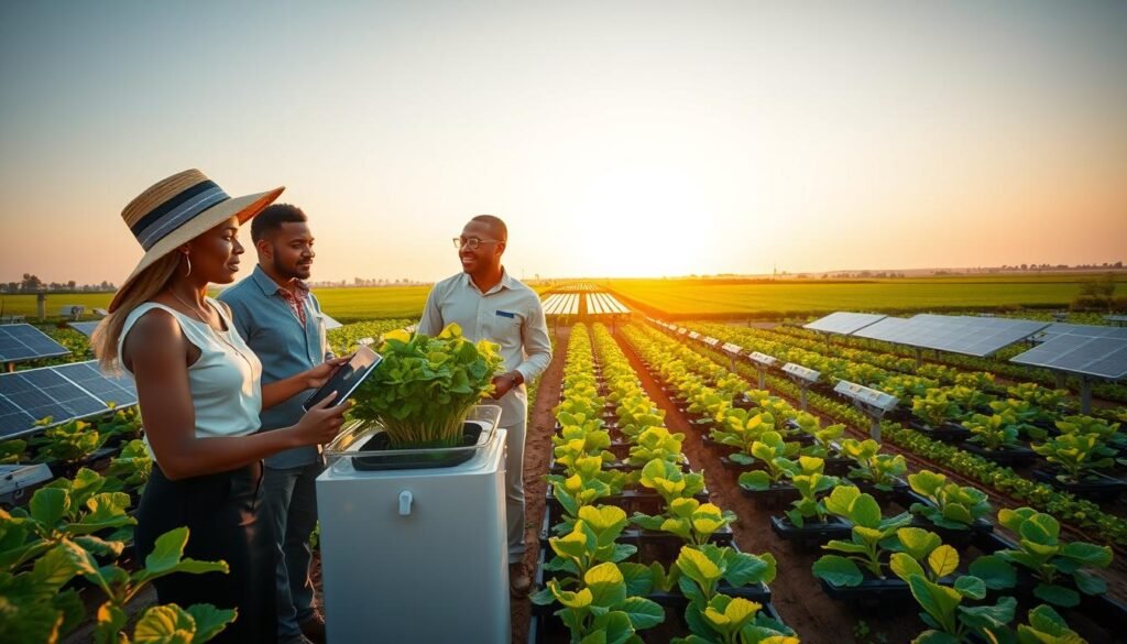 A vibrant, innovative agricultural landscape featuring cutting-edge farming solutions. In the foreground, a diverse group of professionals in smart casual attire, including a woman wearing a sun hat and a man with a tablet, are discussing a high-tech vertical farming unit brimming with green vegetables. The middle ground showcases rows of solar-powered irrigation systems and smart sensors, emphasizing sustainability and technology. In the background, a panoramic view of lush fields under a radiant sunset, casting a warm golden light that enhances the scene's optimistic atmosphere. The entire composition is captured with a wide-angle lens for depth, highlighting the fusion of tradition and modernity in African agriculture. A vibrant, innovative agricultural landscape featuring cutting-edge farming solutions. In the foreground, a diverse group of professionals in smart casual attire, including a woman wearing a sun hat and a man with a tablet, are discussing a high-tech vertical farming unit brimming with green vegetables. The middle ground showcases rows of solar-powered irrigation systems and smart sensors, emphasizing sustainability and technology. In the background, a panoramic view of lush fields under a radiant sunset, casting a warm golden light that enhances the scene's optimistic atmosphere. The entire composition is captured with a wide-angle lens for depth, highlighting the fusion of tradition and modernity in African agriculture.