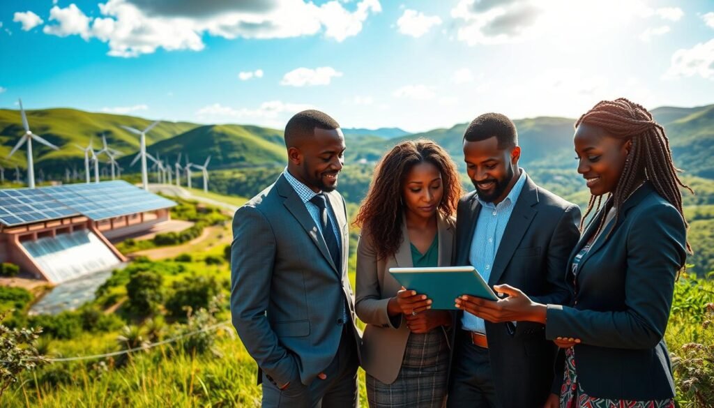 A vibrant landscape showcasing Africa’s renewable energy investment opportunities. In the foreground, a diverse group of professionals in business attire, engaged in discussing plans over a tablet. In the middle ground, various renewable energy sources, such as solar panels glistening under the sun, wind turbines spinning gently, and a hydroelectric dam river, symbolize potential energy solutions. The background features lush green hills and blue skies, conveying a sense of hope and progress. The lighting is bright and welcoming, with soft shadows that enhance the natural colors. The atmosphere is optimistic and collaborative, capturing the essence of advancing sustainable energy initiatives across the continent. A vibrant landscape showcasing Africa’s renewable energy investment opportunities. In the foreground, a diverse group of professionals in business attire, engaged in discussing plans over a tablet. In the middle ground, various renewable energy sources, such as solar panels glistening under the sun, wind turbines spinning gently, and a hydroelectric dam river, symbolize potential energy solutions. The background features lush green hills and blue skies, conveying a sense of hope and progress. The lighting is bright and welcoming, with soft shadows that enhance the natural colors. The atmosphere is optimistic and collaborative, capturing the essence of advancing sustainable energy initiatives across the continent.