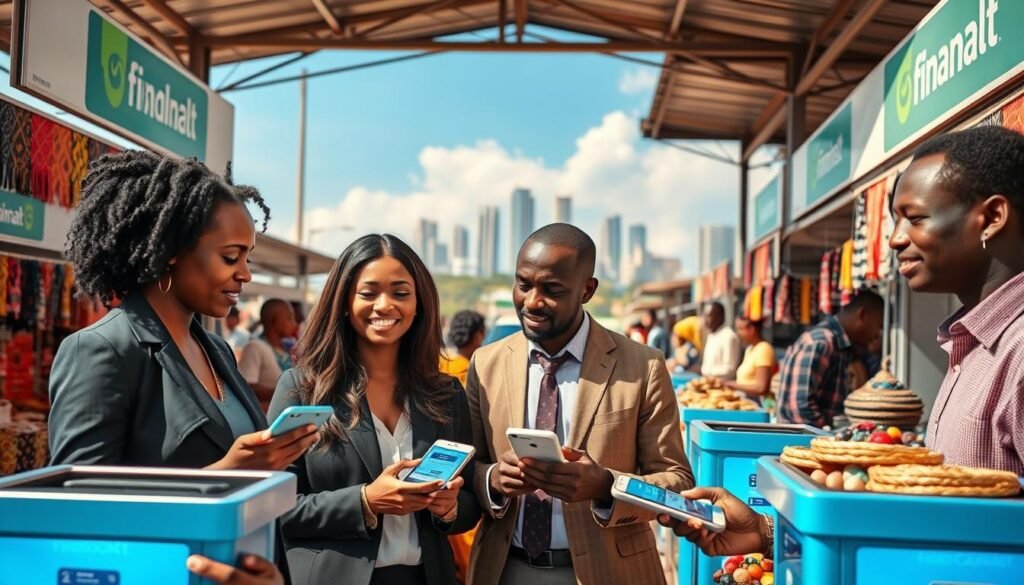 A vibrant marketplace scene depicting innovative financial services in Africa. In the foreground, a diverse group of business professionals, including a Black woman and a South Asian man, are engaged in a discussion over digital devices showing financial apps, dressed in smart casual attire. The middle ground features modern financial kiosks and digital payment stations, surrounded by colorful stalls showcasing local crafts. The background displays a skyline of contemporary buildings, blending traditional African architecture with modern design. Bright, natural lighting illuminates the scene, evoking a sense of optimism and growth, while the atmosphere is lively and dynamic, reflecting the entrepreneurial spirit of Africa. The angle is slightly elevated, capturing the hustle and bustle of the market. A vibrant marketplace scene depicting innovative financial services in Africa. In the foreground, a diverse group of business professionals, including a Black woman and a South Asian man, are engaged in a discussion over digital devices showing financial apps, dressed in smart casual attire. The middle ground features modern financial kiosks and digital payment stations, surrounded by colorful stalls showcasing local crafts. The background displays a skyline of contemporary buildings, blending traditional African architecture with modern design. Bright, natural lighting illuminates the scene, evoking a sense of optimism and growth, while the atmosphere is lively and dynamic, reflecting the entrepreneurial spirit of Africa. The angle is slightly elevated, capturing the hustle and bustle of the market.