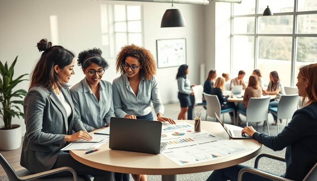 A vibrant office setting showcasing a diverse group of women entrepreneurs collaborating on innovative projects, illustrating the theme of support systems and policy initiatives. In the foreground, two women in professional business attire engage in a brainstorming session, surrounded by laptops and documents. The middle ground features a round table with charts and infographics on successful policy impacts, while a larger teamwork conference is depicted in the background, with a diverse group of women discussing strategies, emphasizing unity and empowerment. Soft, natural lighting streams through large windows, creating a warm and inspiring atmosphere. Capture the image with a wide-angle lens to evoke a sense of community and professional growth in the entrepreneurial space. A vibrant office setting showcasing a diverse group of women entrepreneurs collaborating on innovative projects, illustrating the theme of support systems and policy initiatives. In the foreground, two women in professional business attire engage in a brainstorming session, surrounded by laptops and documents. The middle ground features a round table with charts and infographics on successful policy impacts, while a larger teamwork conference is depicted in the background, with a diverse group of women discussing strategies, emphasizing unity and empowerment. Soft, natural lighting streams through large windows, creating a warm and inspiring atmosphere. Capture the image with a wide-angle lens to evoke a sense of community and professional growth in the entrepreneurial space.