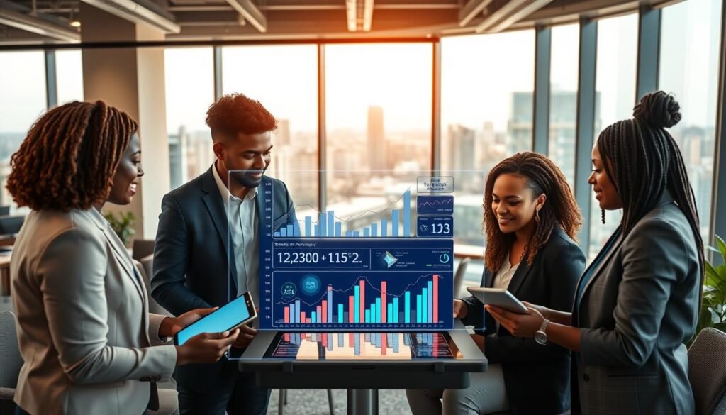 A vibrant office space filled with diverse professionals collaborating on cutting-edge technology projects. In the foreground, a group of three individuals, dressed in smart business attire, are engaged in a brainstorming session over digital tablets and laptops. The middle of the scene features a sleek digital display showcasing dynamic graphs and data analytics, symbolizing growth and innovation. In the background, large windows let in natural light, framing a bustling cityscape that reflects the tech-driven African startup ecosystem. Use warm lighting to create a motivational and inspiring atmosphere, with a slightly blurred depth of field to emphasize the teamwork in the foreground. Capture the energy and potential of technological innovations driving success in startups. A vibrant office space filled with diverse professionals collaborating on cutting-edge technology projects. In the foreground, a group of three individuals, dressed in smart business attire, are engaged in a brainstorming session over digital tablets and laptops. The middle of the scene features a sleek digital display showcasing dynamic graphs and data analytics, symbolizing growth and innovation. In the background, large windows let in natural light, framing a bustling cityscape that reflects the tech-driven African startup ecosystem. Use warm lighting to create a motivational and inspiring atmosphere, with a slightly blurred depth of field to emphasize the teamwork in the foreground. Capture the energy and potential of technological innovations driving success in startups.