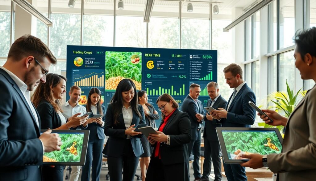 A vibrant online agricultural marketplace scene set in a bright, modern office environment. In the foreground, diverse professionals in smart business attire actively engage with digital devices, showcasing various agricultural products and innovations on screens. In the middle ground, a large digital display highlights trending crops and online transactions occurring in real-time. The background features large windows letting in natural light, with greenery visible outside, symbolizing the agricultural connection. The atmosphere is dynamic and optimistic, reflecting innovation and collaboration. Use soft but bright lighting that emphasizes the technology while maintaining warmth. The image captures a wide-angle perspective to include both human interaction and technological elements, evoking a sense of progress and future possibilities. A vibrant online agricultural marketplace scene set in a bright, modern office environment. In the foreground, diverse professionals in smart business attire actively engage with digital devices, showcasing various agricultural products and innovations on screens. In the middle ground, a large digital display highlights trending crops and online transactions occurring in real-time. The background features large windows letting in natural light, with greenery visible outside, symbolizing the agricultural connection. The atmosphere is dynamic and optimistic, reflecting innovation and collaboration. Use soft but bright lighting that emphasizes the technology while maintaining warmth. The image captures a wide-angle perspective to include both human interaction and technological elements, evoking a sense of progress and future possibilities.
