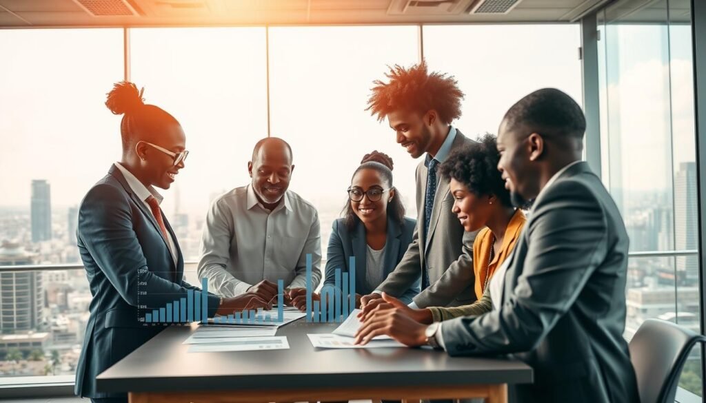 A vibrant portrayal of Africa's booming startup ecosystem, featuring a diverse group of young entrepreneurs in a modern office space, engaged in collaboration. In the foreground, individuals of various descents, dressed in professional business attire, are gathered around a table, analyzing charts and discussing ideas. The middle ground showcases a digital display of financial trends and startup metrics, symbolizing investment growth. The background depicts a bustling city skyline, with iconic African architecture under a bright, optimistic sky, representing opportunities. Soft, natural lighting fills the room, creating an energetic and hopeful atmosphere. The perspective is slightly elevated, emphasizing the dynamic nature of innovation and collaboration in Africa's startup scene. A vibrant portrayal of Africa's booming startup ecosystem, featuring a diverse group of young entrepreneurs in a modern office space, engaged in collaboration. In the foreground, individuals of various descents, dressed in professional business attire, are gathered around a table, analyzing charts and discussing ideas. The middle ground showcases a digital display of financial trends and startup metrics, symbolizing investment growth. The background depicts a bustling city skyline, with iconic African architecture under a bright, optimistic sky, representing opportunities. Soft, natural lighting fills the room, creating an energetic and hopeful atmosphere. The perspective is slightly elevated, emphasizing the dynamic nature of innovation and collaboration in Africa's startup scene.