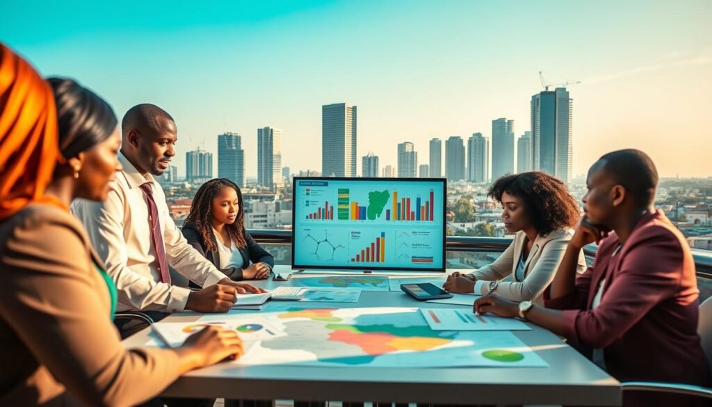 A vibrant scene capturing the essence of building an impact investing strategy in Nigeria. In the foreground, a diverse group of professionals in business attire discuss around a table, featuring charts and maps highlighting Nigeria's economic landscape. In the middle, a digital screen displays graphs illustrating potential sectors for investment, such as renewable energy and agriculture. The background showcases a modern Nigerian skyline, blending traditional architecture with contemporary buildings, under a bright blue sky. The lighting is soft and inviting, suggesting early morning, symbolizing new beginnings and opportunities. The mood is dynamic and optimistic, reflecting collaboration and innovation in the impact investing sphere. A vibrant scene capturing the essence of building an impact investing strategy in Nigeria. In the foreground, a diverse group of professionals in business attire discuss around a table, featuring charts and maps highlighting Nigeria's economic landscape. In the middle, a digital screen displays graphs illustrating potential sectors for investment, such as renewable energy and agriculture. The background showcases a modern Nigerian skyline, blending traditional architecture with contemporary buildings, under a bright blue sky. The lighting is soft and inviting, suggesting early morning, symbolizing new beginnings and opportunities. The mood is dynamic and optimistic, reflecting collaboration and innovation in the impact investing sphere.