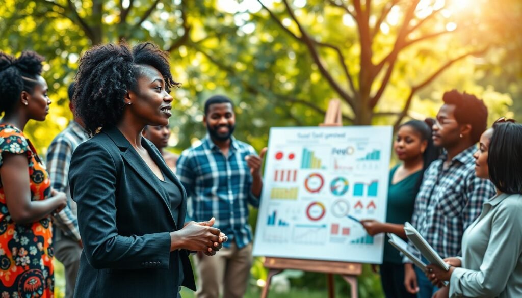 A vibrant scene centered on a diverse group of African social entrepreneurs collaborating in an outdoor workspace, showcasing innovation and teamwork. In the foreground, a Black woman in a smart business outfit passionately pitches her idea to a mixed group of individuals, including a South Asian man and a White woman, all engaged and taking notes. The middle ground features a large whiteboard filled with colorful charts and diagrams, emphasizing the impact-driven initiatives being discussed. In the background, a lush green environment signals growth and sustainability, with bright sunlight filtering through trees, creating a warm and optimistic atmosphere. The composition is shot from a slightly elevated angle, with soft focus on the background to highlight the entrepreneurs in action, reflecting a sense of purpose and inspiration. A vibrant scene centered on a diverse group of African social entrepreneurs collaborating in an outdoor workspace, showcasing innovation and teamwork. In the foreground, a Black woman in a smart business outfit passionately pitches her idea to a mixed group of individuals, including a South Asian man and a White woman, all engaged and taking notes. The middle ground features a large whiteboard filled with colorful charts and diagrams, emphasizing the impact-driven initiatives being discussed. In the background, a lush green environment signals growth and sustainability, with bright sunlight filtering through trees, creating a warm and optimistic atmosphere. The composition is shot from a slightly elevated angle, with soft focus on the background to highlight the entrepreneurs in action, reflecting a sense of purpose and inspiration.