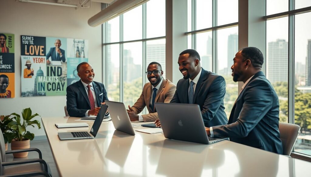 A vibrant scene depicting a bustling business support hub in Kenya. In the foreground, a diverse group of three professionals, two men and one woman, dressed in smart business attire, engage in a lively discussion at a sleek, modern table filled with laptops and documents. In the middle ground, a well-organized office space is visible with local artwork and motivational posters on the walls, symbolizing growth and community. The background features large windows with bright sunlight streaming in, showcasing a busy urban landscape of Nairobi, with green trees and skyscrapers. The mood is dynamic and optimistic, capturing the essence of collaboration and innovation in Kenya's business environment, photographed with a wide-angle lens to emphasize the interaction and inclusivity. A vibrant scene depicting a bustling business support hub in Kenya. In the foreground, a diverse group of three professionals, two men and one woman, dressed in smart business attire, engage in a lively discussion at a sleek, modern table filled with laptops and documents. In the middle ground, a well-organized office space is visible with local artwork and motivational posters on the walls, symbolizing growth and community. The background features large windows with bright sunlight streaming in, showcasing a busy urban landscape of Nairobi, with green trees and skyscrapers. The mood is dynamic and optimistic, capturing the essence of collaboration and innovation in Kenya's business environment, photographed with a wide-angle lens to emphasize the interaction and inclusivity.