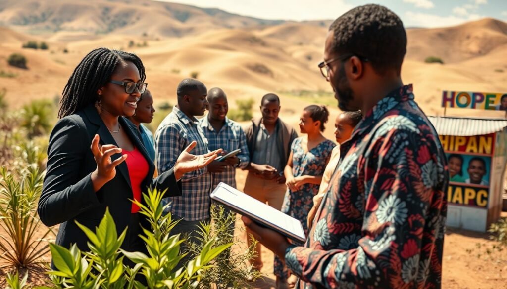 A vibrant scene depicting a diverse group of African social entrepreneurs collaborating in an outdoor setting, symbolizing a strong social enterprise ecosystem. In the foreground, a woman in a professional business attire gestures enthusiastically while discussing ideas, alongside a man jotting down notes on a tablet. In the middle ground, a diverse group of men and women engage in deep conversation, surrounded by plants and community resources like a small pop-up market stall showcasing local products. The background features a sunny African landscape with rolling hills and colorful murals representing hope and innovation. The lighting is bright and warm, creating an inviting atmosphere, captured from a slightly elevated angle to encompass the dynamic interactions and vibrant environment, emphasizing empowerment and collaboration. A vibrant scene depicting a diverse group of African social entrepreneurs collaborating in an outdoor setting, symbolizing a strong social enterprise ecosystem. In the foreground, a woman in a professional business attire gestures enthusiastically while discussing ideas, alongside a man jotting down notes on a tablet. In the middle ground, a diverse group of men and women engage in deep conversation, surrounded by plants and community resources like a small pop-up market stall showcasing local products. The background features a sunny African landscape with rolling hills and colorful murals representing hope and innovation. The lighting is bright and warm, creating an inviting atmosphere, captured from a slightly elevated angle to encompass the dynamic interactions and vibrant environment, emphasizing empowerment and collaboration.
