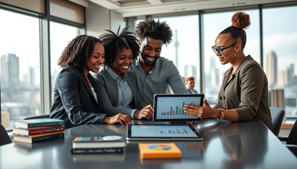 A vibrant scene depicting a diverse group of African tech founders engaged in a collaborative discussion around a sleek conference table. In the foreground, focus on three individuals: a Black woman in a smart blazer, a South Asian man in crisp casual attire, and a mixed-race woman with innovative tech gadgets. They are brainstorming on a digital tablet displaying graphs and ideas. In the middle ground, shelves with books about leadership and innovation reflect their commitment to growth. The background features large windows with a cityscape, suggesting a dynamic urban environment. Soft natural lighting filters through, enhancing a sense of inspiration and determination. Capture an atmosphere filled with creativity, collaboration, and forward-thinking leadership. A vibrant scene depicting a diverse group of African tech founders engaged in a collaborative discussion around a sleek conference table. In the foreground, focus on three individuals: a Black woman in a smart blazer, a South Asian man in crisp casual attire, and a mixed-race woman with innovative tech gadgets. They are brainstorming on a digital tablet displaying graphs and ideas. In the middle ground, shelves with books about leadership and innovation reflect their commitment to growth. The background features large windows with a cityscape, suggesting a dynamic urban environment. Soft natural lighting filters through, enhancing a sense of inspiration and determination. Capture an atmosphere filled with creativity, collaboration, and forward-thinking leadership.