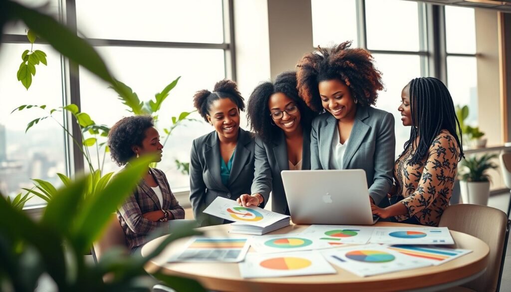 A vibrant scene depicting a diverse group of African women entrepreneurs collaborating in a modern, open workspace. In the foreground, two women in professional business attire are engaged in a dynamic discussion over a laptop, showcasing a sense of camaraderie and innovation. The middle ground features a round table filled with colorful charts and plans, symbolizing strategy and support systems. The background reveals large windows with green plants bringing in natural sunlight, creating a bright and inviting atmosphere. An urban skyline is faintly visible outside, representing future opportunities and growth. Soft, warm lighting enhances the atmosphere, conveying optimism and empowerment, while the angle captures the scene from slightly above, emphasizing collaboration and creativity. A vibrant scene depicting a diverse group of African women entrepreneurs collaborating in a modern, open workspace. In the foreground, two women in professional business attire are engaged in a dynamic discussion over a laptop, showcasing a sense of camaraderie and innovation. The middle ground features a round table filled with colorful charts and plans, symbolizing strategy and support systems. The background reveals large windows with green plants bringing in natural sunlight, creating a bright and inviting atmosphere. An urban skyline is faintly visible outside, representing future opportunities and growth. Soft, warm lighting enhances the atmosphere, conveying optimism and empowerment, while the angle captures the scene from slightly above, emphasizing collaboration and creativity.