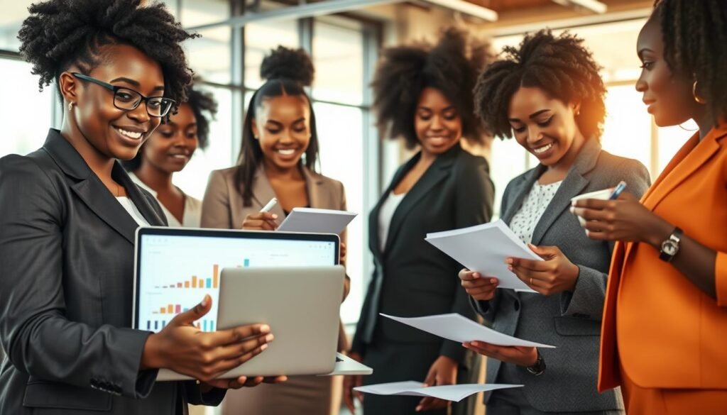 A vibrant scene depicting a diverse group of African women in professional business attire engaged in a discussion about financing and investment opportunities. In the foreground, a confident businesswoman gestures towards a laptop displaying charts and graphs, symbolizing growth and potential. The middle ground features two other women, one taking notes and the other analyzing documents, illustrating collaboration and strategic planning. The background shows a modern office space with large windows letting in natural light, casting a warm glow over the scene. The atmosphere is dynamic and empowering, conveying a sense of opportunity and ambition in the world of business. Use a standard lens with a slight shallow depth of field to focus on the women. A vibrant scene depicting a diverse group of African women in professional business attire engaged in a discussion about financing and investment opportunities. In the foreground, a confident businesswoman gestures towards a laptop displaying charts and graphs, symbolizing growth and potential. The middle ground features two other women, one taking notes and the other analyzing documents, illustrating collaboration and strategic planning. The background shows a modern office space with large windows letting in natural light, casting a warm glow over the scene. The atmosphere is dynamic and empowering, conveying a sense of opportunity and ambition in the world of business. Use a standard lens with a slight shallow depth of field to focus on the women.