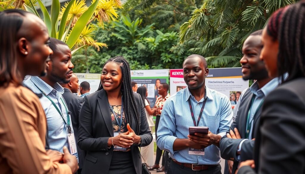 A vibrant scene depicting a networking event in Kenya, with diverse entrepreneurs engaged in collaboration. In the foreground, a group of professionals in business attire, both men and women, actively conversing and exchanging ideas, their expressions reflecting enthusiasm and determination. The middle ground features a colorful display of informational booths showcasing various Kenyan industries, with banners and interactive presentations about local support systems and partnerships. In the background, lush greenery typical of the Kenyan landscape creates an inviting and inspiring atmosphere. Soft, warm lighting enhances the lively ambiance, casting gentle shadows. The angle captures a sense of community and connection, embodying the spirit of entrepreneurial growth and collaboration in Kenya, encouraging a feeling of hope and opportunity. A vibrant scene depicting a networking event in Kenya, with diverse entrepreneurs engaged in collaboration. In the foreground, a group of professionals in business attire, both men and women, actively conversing and exchanging ideas, their expressions reflecting enthusiasm and determination. The middle ground features a colorful display of informational booths showcasing various Kenyan industries, with banners and interactive presentations about local support systems and partnerships. In the background, lush greenery typical of the Kenyan landscape creates an inviting and inspiring atmosphere. Soft, warm lighting enhances the lively ambiance, casting gentle shadows. The angle captures a sense of community and connection, embodying the spirit of entrepreneurial growth and collaboration in Kenya, encouraging a feeling of hope and opportunity.