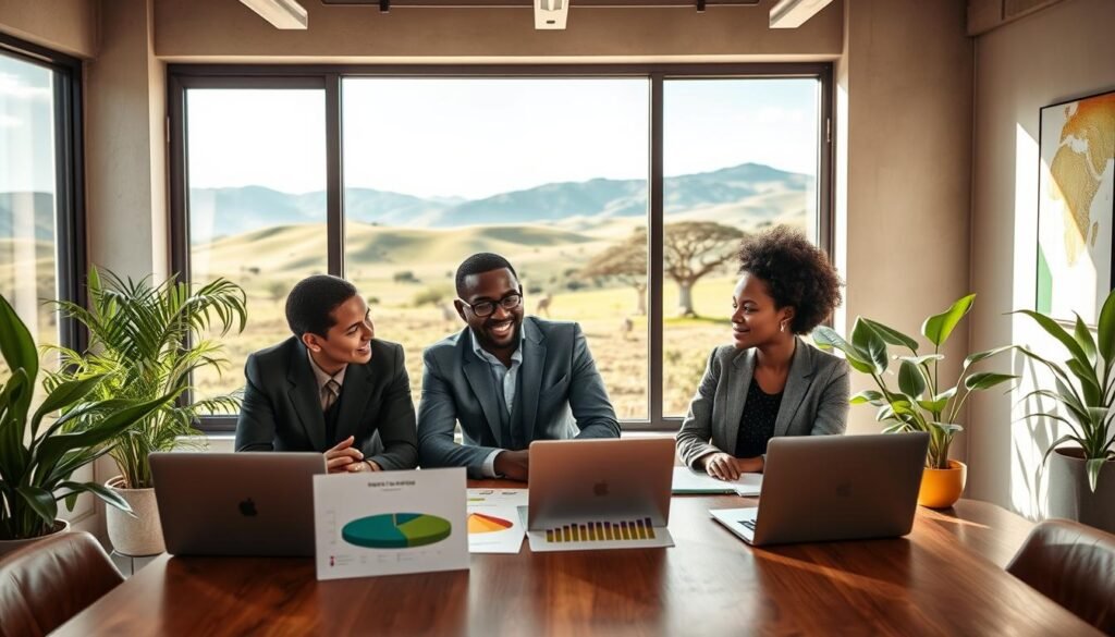 A vibrant scene depicting an impactful meeting about impact investing in Africa. In the foreground, a diverse group of three professionals, two men and one woman, engaged in a collaborative discussion around a wooden table with laptops and charts showcasing sustainable projects. They are dressed in professional business attire, exuding a sense of purpose. In the middle ground, a large window reveals a lush African landscape with rolling hills and acacia trees, symbolizing growth and opportunity. The background features a modern office with green plants and art inspired by African culture on the walls. Natural sunlight streams through the window, creating a warm, inviting atmosphere that emphasizes the hope and potential of impact investing in the region. The mood is optimistic and forward-thinking, capturing the essence of impactful financial initiatives. A vibrant scene depicting an impactful meeting about impact investing in Africa. In the foreground, a diverse group of three professionals, two men and one woman, engaged in a collaborative discussion around a wooden table with laptops and charts showcasing sustainable projects. They are dressed in professional business attire, exuding a sense of purpose. In the middle ground, a large window reveals a lush African landscape with rolling hills and acacia trees, symbolizing growth and opportunity. The background features a modern office with green plants and art inspired by African culture on the walls. Natural sunlight streams through the window, creating a warm, inviting atmosphere that emphasizes the hope and potential of impact investing in the region. The mood is optimistic and forward-thinking, capturing the essence of impactful financial initiatives.
