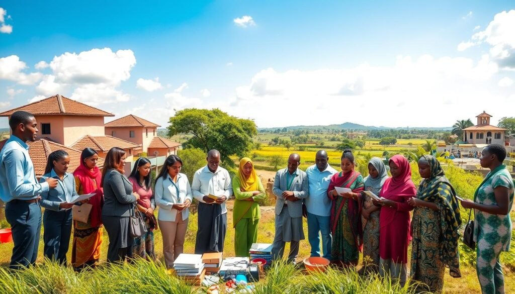 A vibrant scene depicting international NGO workers collaborating with local Nigerian communities to share knowledge and expertise. In the foreground, a diverse group of professionals, dressed in business attire and modest casual clothing, engage in lively discussions and hands-on activities with local people, showcasing teamwork and cultural exchange. The middle ground features an array of educational materials, tools, and technology that symbolize global expertise being applied locally. The background showcases a picturesque Nigerian landscape, with traditional architecture and greenery under a bright, sunny sky, conveying a sense of hope and empowerment. The image should be brightly lit, with natural sunlight illuminating the scene, creating an uplifting and positive atmosphere that reflects collaboration and growth. A vibrant scene depicting international NGO workers collaborating with local Nigerian communities to share knowledge and expertise. In the foreground, a diverse group of professionals, dressed in business attire and modest casual clothing, engage in lively discussions and hands-on activities with local people, showcasing teamwork and cultural exchange. The middle ground features an array of educational materials, tools, and technology that symbolize global expertise being applied locally. The background showcases a picturesque Nigerian landscape, with traditional architecture and greenery under a bright, sunny sky, conveying a sense of hope and empowerment. The image should be brightly lit, with natural sunlight illuminating the scene, creating an uplifting and positive atmosphere that reflects collaboration and growth.