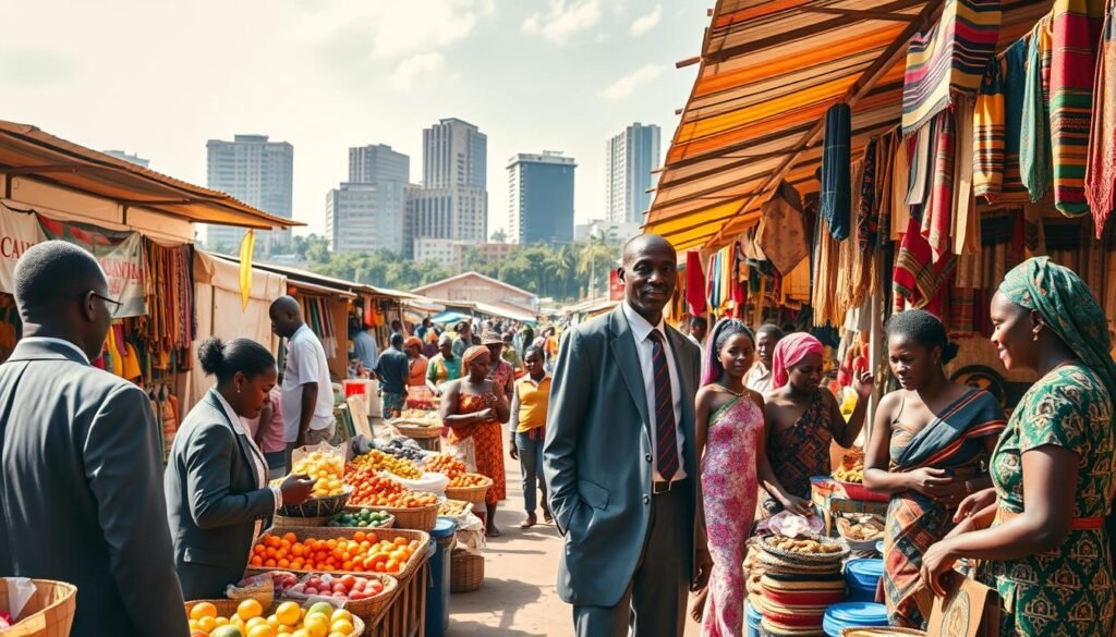 A vibrant scene depicting key African market dynamics, showcasing a bustling marketplace filled with diverse goods and traders. In the foreground, a group of vendors in professional business attire interacts with customers, showcasing traditional crafts and fresh produce. The middle ground features vibrant stalls adorned with colorful textiles and artisan products, while shoppers of various backgrounds explore the offerings. In the background, a skyline of modern buildings reflects the blend of tradition and innovation in African markets. The sunlight casts a warm glow, enhancing the atmosphere of activity and excitement. Use a wide-angle lens to capture the depth of the scene, emphasizing both the human interactions and the rich textures of the marketplace. The overall mood is energetic and inviting, symbolizing growth and potential in Africa's markets. A vibrant scene depicting key African market dynamics, showcasing a bustling marketplace filled with diverse goods and traders. In the foreground, a group of vendors in professional business attire interacts with customers, showcasing traditional crafts and fresh produce. The middle ground features vibrant stalls adorned with colorful textiles and artisan products, while shoppers of various backgrounds explore the offerings. In the background, a skyline of modern buildings reflects the blend of tradition and innovation in African markets. The sunlight casts a warm glow, enhancing the atmosphere of activity and excitement. Use a wide-angle lens to capture the depth of the scene, emphasizing both the human interactions and the rich textures of the marketplace. The overall mood is energetic and inviting, symbolizing growth and potential in Africa's markets.