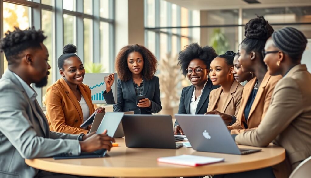 A vibrant scene depicting mentorship and leadership development focused on economic growth. In the foreground, a diverse group of young African entrepreneurs in professional business attire engages in a discussion around a round table, filled with laptops and notebooks. In the middle ground, a mentor, a middle-aged African woman, offers guidance, pointing to a growth chart on a digital screen. The background features a modern office space with large windows that let in warm, natural light, creating an uplifting atmosphere. The overall mood is collaborative and inspiring, emphasizing empowerment and forward-thinking. Capture this moment from a slight angle, showcasing the interaction and intensity of focus among the participants. A vibrant scene depicting mentorship and leadership development focused on economic growth. In the foreground, a diverse group of young African entrepreneurs in professional business attire engages in a discussion around a round table, filled with laptops and notebooks. In the middle ground, a mentor, a middle-aged African woman, offers guidance, pointing to a growth chart on a digital screen. The background features a modern office space with large windows that let in warm, natural light, creating an uplifting atmosphere. The overall mood is collaborative and inspiring, emphasizing empowerment and forward-thinking. Capture this moment from a slight angle, showcasing the interaction and intensity of focus among the participants.
