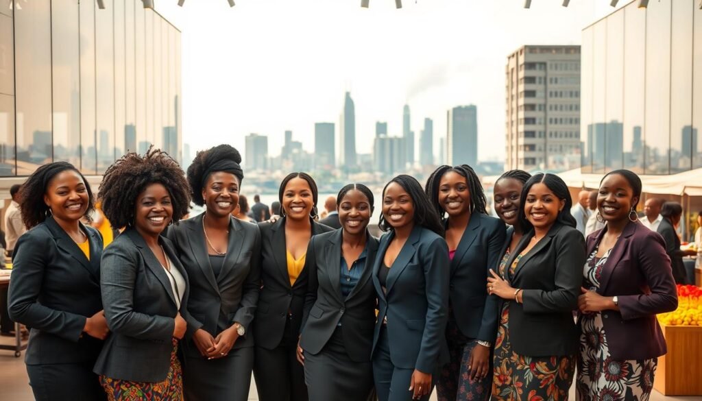 A vibrant scene depicting successful African women entrepreneurs celebrating their achievements against a backdrop of modern office spaces and bustling markets. In the foreground, a diverse group of women in professional business attire, smiling and interacting, showcasing camaraderie and determination. The middle ground features innovative products and services displayed prominently, representing various industries like technology, agriculture, and fashion. The background highlights an urban skyline of an African city under bright, optimistic lighting, symbolizing growth and opportunity. The atmosphere is empowering and inspiring, with warm colors that convey a sense of hope and achievement. The image is set in a wide-angle view to capture the dynamic essence of entrepreneurship in Africa, showcasing both tradition and modernity. A vibrant scene depicting successful African women entrepreneurs celebrating their achievements against a backdrop of modern office spaces and bustling markets. In the foreground, a diverse group of women in professional business attire, smiling and interacting, showcasing camaraderie and determination. The middle ground features innovative products and services displayed prominently, representing various industries like technology, agriculture, and fashion. The background highlights an urban skyline of an African city under bright, optimistic lighting, symbolizing growth and opportunity. The atmosphere is empowering and inspiring, with warm colors that convey a sense of hope and achievement. The image is set in a wide-angle view to capture the dynamic essence of entrepreneurship in Africa, showcasing both tradition and modernity.