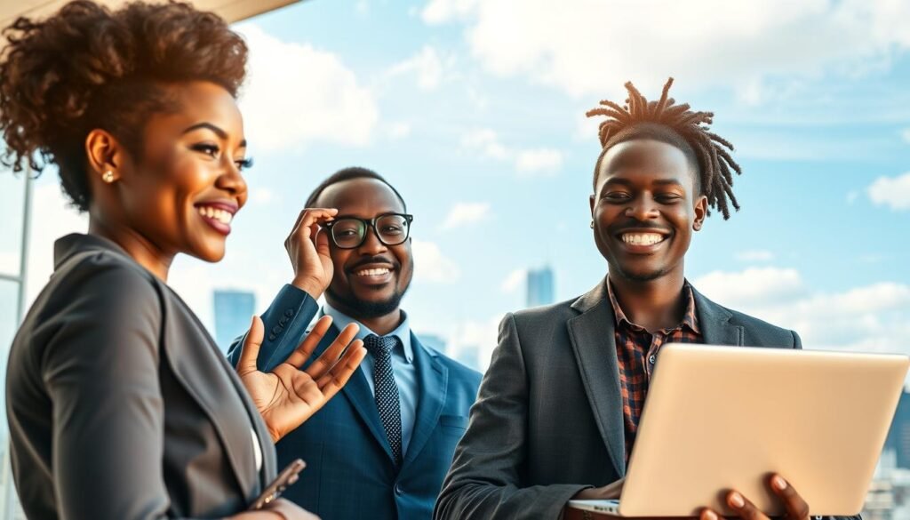A vibrant scene depicting successful young African entrepreneurs, showcasing a diverse group of three individuals in professional business attire, standing confidently together. In the foreground, a young Black woman with an elegant hairstyle gestures passionately, while a South Asian man adjusts his glasses, showcasing determination. A young African man with a wide smile holds a laptop, symbolizing innovation. In the middle ground, a modern city skyline reveals innovative businesses and technologies. The background features a bright blue sky with soft clouds, illustrating hope and achievement. The lighting is warm and inviting, casting a golden hue across the scene, enhancing the sense of optimism. The overall mood is inspiring and dynamic, capturing the essence of trailblazing success stories from across Africa. A vibrant scene depicting successful young African entrepreneurs, showcasing a diverse group of three individuals in professional business attire, standing confidently together. In the foreground, a young Black woman with an elegant hairstyle gestures passionately, while a South Asian man adjusts his glasses, showcasing determination. A young African man with a wide smile holds a laptop, symbolizing innovation. In the middle ground, a modern city skyline reveals innovative businesses and technologies. The background features a bright blue sky with soft clouds, illustrating hope and achievement. The lighting is warm and inviting, casting a golden hue across the scene, enhancing the sense of optimism. The overall mood is inspiring and dynamic, capturing the essence of trailblazing success stories from across Africa.
