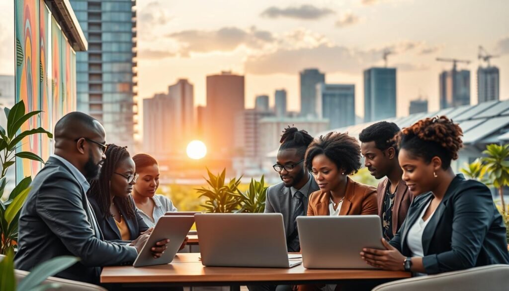 A vibrant scene depicting the African startup ecosystem in a bustling urban setting. In the foreground, diverse professionals of various ethnic backgrounds are engaged in discussion and collaboration around modern laptops and tablets, dressed in professional business attire. The middle ground features a lively co-working space adorned with colorful artwork and greenery, representing innovation and creativity. In the background, a skyline of contemporary buildings and solar panels reflects sustainable development, with the sun setting to create a warm, inviting glow. Soft, diffused lighting enhances the atmosphere, giving a sense of optimism and opportunity. The angle captures the dynamic energy of teamwork, representing a thriving entrepreneurial spirit in Africa. A vibrant scene depicting the African startup ecosystem in a bustling urban setting. In the foreground, diverse professionals of various ethnic backgrounds are engaged in discussion and collaboration around modern laptops and tablets, dressed in professional business attire. The middle ground features a lively co-working space adorned with colorful artwork and greenery, representing innovation and creativity. In the background, a skyline of contemporary buildings and solar panels reflects sustainable development, with the sun setting to create a warm, inviting glow. Soft, diffused lighting enhances the atmosphere, giving a sense of optimism and opportunity. The angle captures the dynamic energy of teamwork, representing a thriving entrepreneurial spirit in Africa.