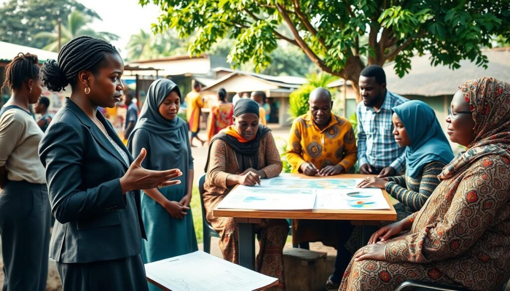 A vibrant scene depicting the challenges and opportunities facing NGOs in Nigeria, featuring a diverse group of professionals in modest business attire working in a community setting. In the foreground, a woman engaged in a discussion with a community leader, gesturing towards a collaborative project. In the middle ground, men and women of varying ages are brainstorming around a table, with maps and project plans spread out. In the background, a bustling marketplace symbolizes the local economy and resilience, while greenery represents hope and growth. Soft, natural light filters through, creating an uplifting atmosphere that conveys collaboration and empowerment. The image composition should emphasize unity and determination, captured from a slightly elevated angle to showcase the interactions. A vibrant scene depicting the challenges and opportunities facing NGOs in Nigeria, featuring a diverse group of professionals in modest business attire working in a community setting. In the foreground, a woman engaged in a discussion with a community leader, gesturing towards a collaborative project. In the middle ground, men and women of varying ages are brainstorming around a table, with maps and project plans spread out. In the background, a bustling marketplace symbolizes the local economy and resilience, while greenery represents hope and growth. Soft, natural light filters through, creating an uplifting atmosphere that conveys collaboration and empowerment. The image composition should emphasize unity and determination, captured from a slightly elevated angle to showcase the interactions.