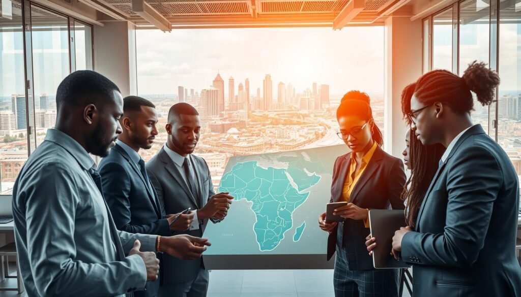 A vibrant scene depicting the challenges of regional analysis in the African startup ecosystem, showcasing innovation hubs. In the foreground, a diverse group of professionals in business attire collaborate around a digital map, analyzing data and discussing strategy. The middle ground features modern co-working spaces filled with entrepreneurs working on laptops and high-tech equipment, emphasizing innovation and creativity. In the background, a skyline of African cities with visible landmarks blends traditional and modern architecture, symbolizing growth and development. The lighting is bright and dynamic, with natural daylight flooding the spaces, creating an energetic atmosphere. The composition should evoke a sense of collaboration, ambition, and a drive towards overcoming obstacles in the startup landscape. A vibrant scene depicting the challenges of regional analysis in the African startup ecosystem, showcasing innovation hubs. In the foreground, a diverse group of professionals in business attire collaborate around a digital map, analyzing data and discussing strategy. The middle ground features modern co-working spaces filled with entrepreneurs working on laptops and high-tech equipment, emphasizing innovation and creativity. In the background, a skyline of African cities with visible landmarks blends traditional and modern architecture, symbolizing growth and development. The lighting is bright and dynamic, with natural daylight flooding the spaces, creating an energetic atmosphere. The composition should evoke a sense of collaboration, ambition, and a drive towards overcoming obstacles in the startup landscape.