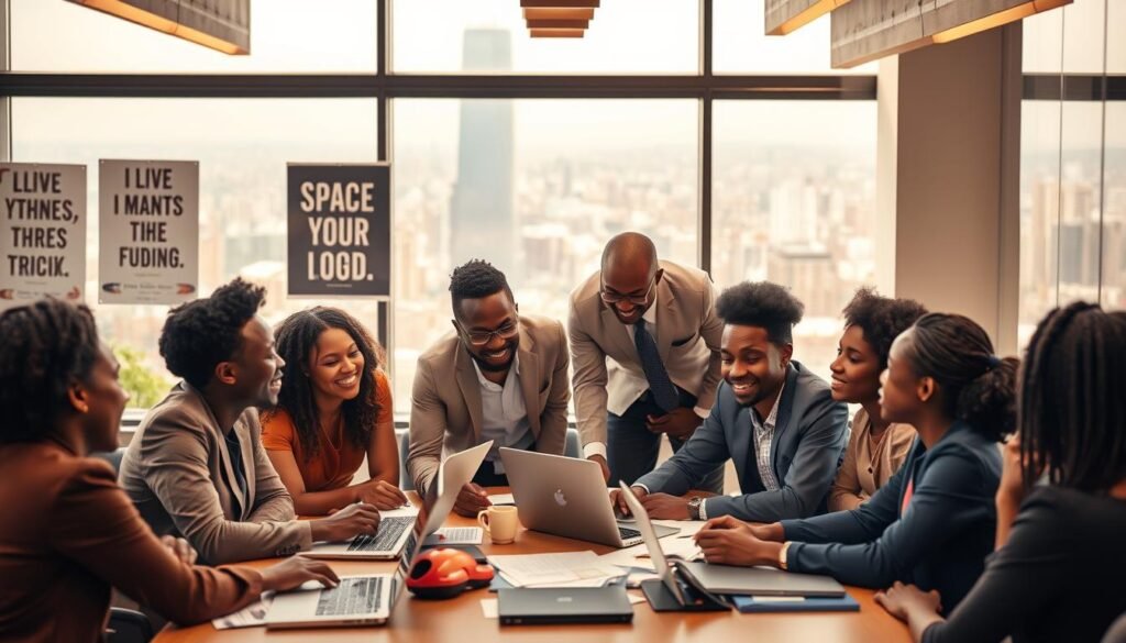 A vibrant scene depicting the concept of "funding and mentorship" in African startup accelerator programs. In the foreground, a diverse group of entrepreneurs, dressed in professional business attire, engage in an animated discussion around a table filled with laptops and documents. Their expressions convey enthusiasm and collaboration. The middle ground features a mentoring figure, an experienced business professional, leaning in to offer guidance, symbolizing support and wisdom. The background showcases a modern office environment with motivational posters and a view of a bustling city through large windows, filled with natural light. The atmosphere is inspirational and dynamic, with a warm color palette, emphasizing growth, opportunity, and community. The composition is captured with a slight depth of field, focusing on the entrepreneurs at the table. A vibrant scene depicting the concept of "funding and mentorship" in African startup accelerator programs. In the foreground, a diverse group of entrepreneurs, dressed in professional business attire, engage in an animated discussion around a table filled with laptops and documents. Their expressions convey enthusiasm and collaboration. The middle ground features a mentoring figure, an experienced business professional, leaning in to offer guidance, symbolizing support and wisdom. The background showcases a modern office environment with motivational posters and a view of a bustling city through large windows, filled with natural light. The atmosphere is inspirational and dynamic, with a warm color palette, emphasizing growth, opportunity, and community. The composition is captured with a slight depth of field, focusing on the entrepreneurs at the table.