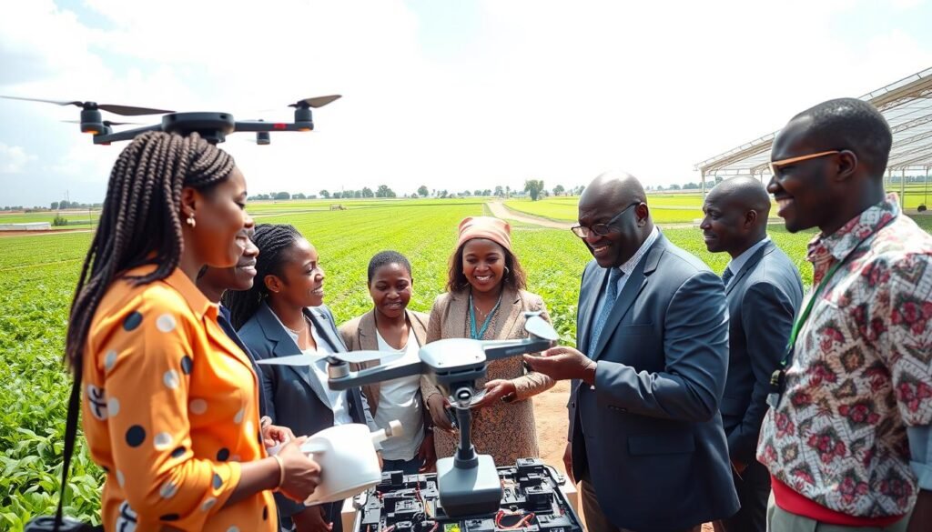 A vibrant scene depicting the growth of the African agritech market, focusing on Nigeria. In the foreground, a diverse group of professionals in business attire, including women and men of various ethnic backgrounds, engaging in a lively discussion over agricultural technology devices like drones and sensors. The middle ground shows a modern, bustling marketplace filled with innovative agricultural tools and sustainable farming solutions. In the background, lush green fields stretch under a bright, sunny sky, highlighting the agricultural landscape of Nigeria. The atmosphere is hopeful and dynamic, invoking a sense of progress and opportunity. Utilize natural light to enhance the colors and details, with a wide-angle perspective capturing the essence of growth and collaboration in agritech. A vibrant scene depicting the growth of the African agritech market, focusing on Nigeria. In the foreground, a diverse group of professionals in business attire, including women and men of various ethnic backgrounds, engaging in a lively discussion over agricultural technology devices like drones and sensors. The middle ground shows a modern, bustling marketplace filled with innovative agricultural tools and sustainable farming solutions. In the background, lush green fields stretch under a bright, sunny sky, highlighting the agricultural landscape of Nigeria. The atmosphere is hopeful and dynamic, invoking a sense of progress and opportunity. Utilize natural light to enhance the colors and details, with a wide-angle perspective capturing the essence of growth and collaboration in agritech.