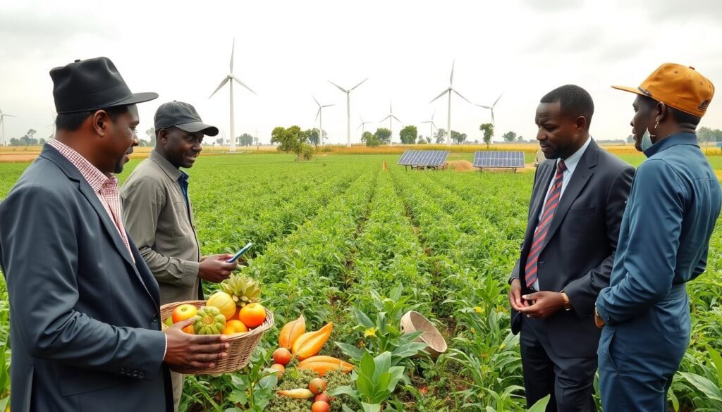 A vibrant scene depicting the intersection of global trends and local agriculture supply chains in Nigeria. In the foreground, diverse farmers in professional business attire are engaged in discussion, examining a variety of crops and modern farming tools. The middle ground features a lush, green field with the farmers' tools and produce, showcasing local agricultural practices. In the background, represent emerging global elements, such as a wind turbine and a solar panel farm, symbolizing sustainable energy influences on farming. Use bright, natural lighting to create a hopeful atmosphere, with a slight overcast sky reflecting environmental concerns. The angle should be slightly elevated, giving a panoramic view that highlights both the local and global aspects of agriculture in Nigeria's agritech sector. A vibrant scene depicting the intersection of global trends and local agriculture supply chains in Nigeria. In the foreground, diverse farmers in professional business attire are engaged in discussion, examining a variety of crops and modern farming tools. The middle ground features a lush, green field with the farmers' tools and produce, showcasing local agricultural practices. In the background, represent emerging global elements, such as a wind turbine and a solar panel farm, symbolizing sustainable energy influences on farming. Use bright, natural lighting to create a hopeful atmosphere, with a slight overcast sky reflecting environmental concerns. The angle should be slightly elevated, giving a panoramic view that highlights both the local and global aspects of agriculture in Nigeria's agritech sector.