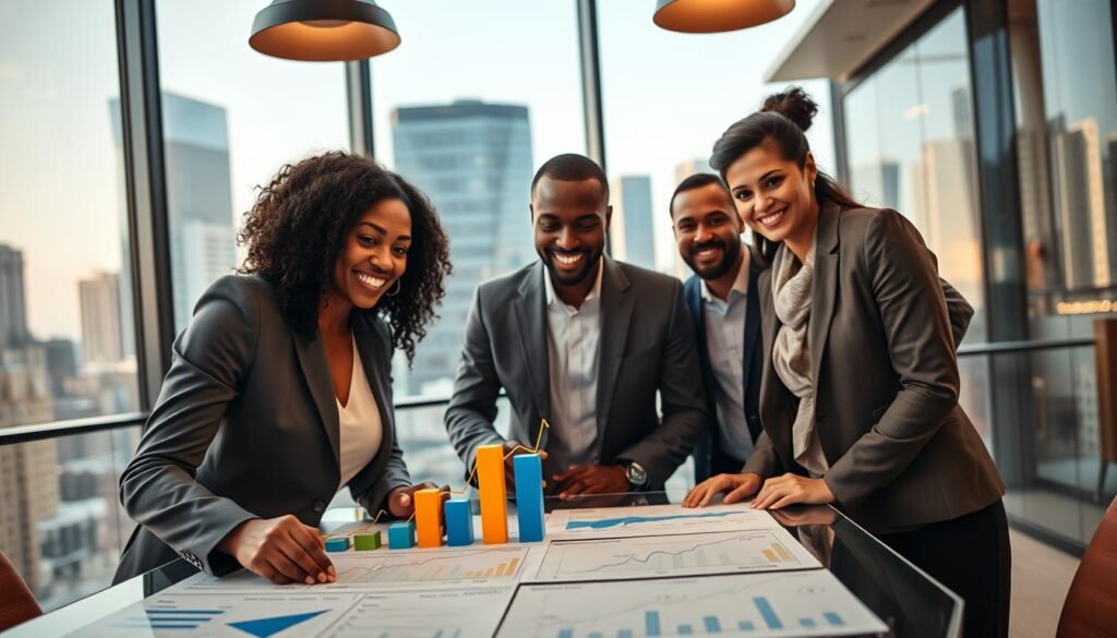 A vibrant scene depicting the success of African tech founders in a global diaspora venture capital context. In the foreground, a diverse group of three professionals—an African woman in a stylish business suit, an African man in smart casual attire, and a South Asian woman in professional attire—gather around a table covered with graphs and charts displaying ascending investment trends. In the middle ground, a background of modern office buildings suggests a bustling startup ecosystem, with large windows reflecting the city skyline. Bright, warm lighting cascades from overhead fixtures, creating an optimistic and energetic atmosphere. The camera angle is slightly tilted, capturing the dynamic interactions and expressions of hope and determination on their faces, conveying a sense of collaboration and innovation in shaping a better future. A vibrant scene depicting the success of African tech founders in a global diaspora venture capital context. In the foreground, a diverse group of three professionals—an African woman in a stylish business suit, an African man in smart casual attire, and a South Asian woman in professional attire—gather around a table covered with graphs and charts displaying ascending investment trends. In the middle ground, a background of modern office buildings suggests a bustling startup ecosystem, with large windows reflecting the city skyline. Bright, warm lighting cascades from overhead fixtures, creating an optimistic and energetic atmosphere. The camera angle is slightly tilted, capturing the dynamic interactions and expressions of hope and determination on their faces, conveying a sense of collaboration and innovation in shaping a better future.