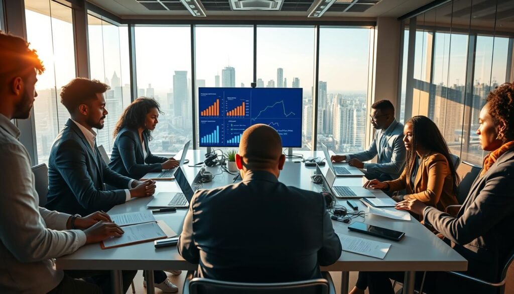 A vibrant scene illustrating the impact of venture capital on innovation in Africa. In the foreground, diverse professionals in business attire are engaged in a brainstorming session around a sleek, modern conference table filled with laptops, documents, and tech gadgets, symbolizing collaboration. In the middle, large screens display graphs and innovative startup concepts, emphasizing growth and potential. The environment is filled with natural light streaming through floor-to-ceiling windows, showcasing an urban skyline in the background, hinting at progress and prosperity. The mood is optimistic and inspiring, highlighting the fusion of technology and investment. Capture this dynamic atmosphere with a wide-angle lens to enhance the sense of space and innovation. A vibrant scene illustrating the impact of venture capital on innovation in Africa. In the foreground, diverse professionals in business attire are engaged in a brainstorming session around a sleek, modern conference table filled with laptops, documents, and tech gadgets, symbolizing collaboration. In the middle, large screens display graphs and innovative startup concepts, emphasizing growth and potential. The environment is filled with natural light streaming through floor-to-ceiling windows, showcasing an urban skyline in the background, hinting at progress and prosperity. The mood is optimistic and inspiring, highlighting the fusion of technology and investment. Capture this dynamic atmosphere with a wide-angle lens to enhance the sense of space and innovation.