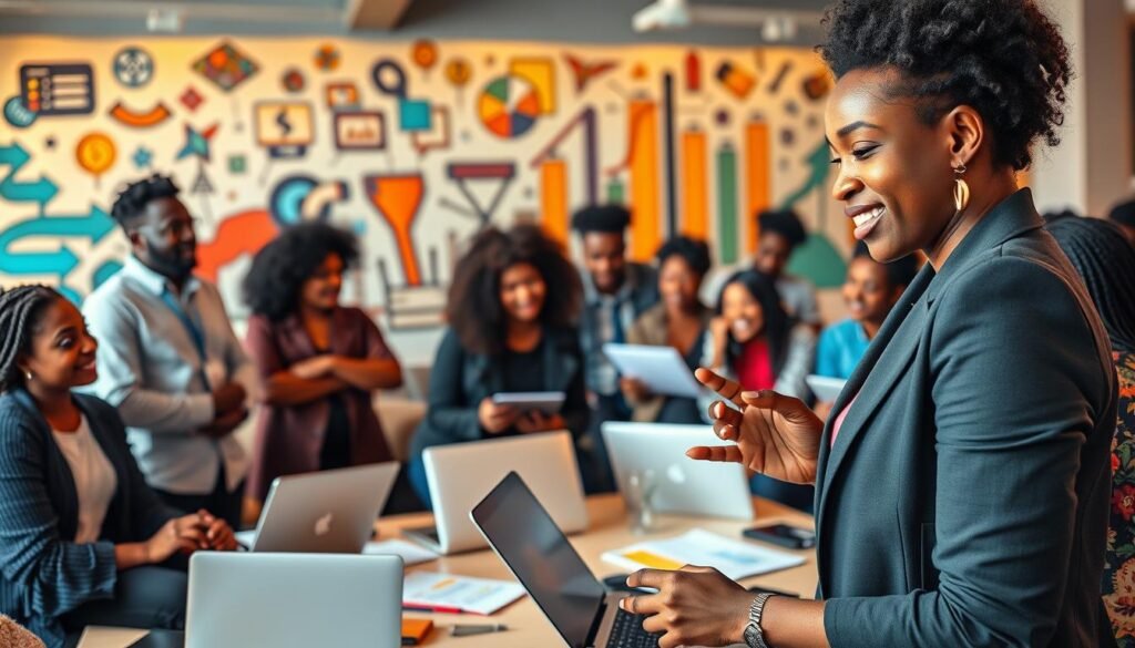 A vibrant scene showcasing a diverse group of young African entrepreneurs engaged in an interactive workshop setting. In the foreground, a confident young woman in business attire passionately presents her startup idea to a small audience, with engaging expressions on their faces. In the middle ground, a mix of young men and women collaborate on brainstorming ideas, surrounded by laptops, notepads, and colorful charts. The background features a mural that represents innovation and growth with symbols of technology and finance. The lighting is warm and inviting, suggesting a sense of community and inspiration. The angle captures the hustle and bustle of the environment, evoking a dynamic and optimistic atmosphere around youth entrepreneurship in Africa. A vibrant scene showcasing a diverse group of young African entrepreneurs engaged in an interactive workshop setting. In the foreground, a confident young woman in business attire passionately presents her startup idea to a small audience, with engaging expressions on their faces. In the middle ground, a mix of young men and women collaborate on brainstorming ideas, surrounded by laptops, notepads, and colorful charts. The background features a mural that represents innovation and growth with symbols of technology and finance. The lighting is warm and inviting, suggesting a sense of community and inspiration. The angle captures the hustle and bustle of the environment, evoking a dynamic and optimistic atmosphere around youth entrepreneurship in Africa.