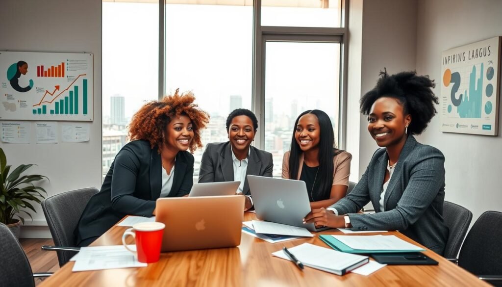 A vibrant scene showcasing a group of diverse female entrepreneurs in Nigeria, engaged in a collaborative meeting in a modern office space. In the foreground, three women of varying ethnicities, dressed in professional business attire, are sitting around a table covered with laptops, documents, and coffee cups, exuding enthusiasm and determination. The middle ground features a large window allowing natural light to flood the room, illuminating charts and inspiring artwork on the walls that represent innovation and empowerment. In the background, a cityscape of Lagos can be seen through the glass, symbolizing growth and opportunity. The atmosphere is energetic and optimistic, emphasizing the theme of support and success in female entrepreneurship. A vibrant scene showcasing a group of diverse female entrepreneurs in Nigeria, engaged in a collaborative meeting in a modern office space. In the foreground, three women of varying ethnicities, dressed in professional business attire, are sitting around a table covered with laptops, documents, and coffee cups, exuding enthusiasm and determination. The middle ground features a large window allowing natural light to flood the room, illuminating charts and inspiring artwork on the walls that represent innovation and empowerment. In the background, a cityscape of Lagos can be seen through the glass, symbolizing growth and opportunity. The atmosphere is energetic and optimistic, emphasizing the theme of support and success in female entrepreneurship.