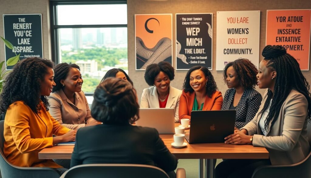 A vibrant scene showcasing a group of women entrepreneurs from diverse African backgrounds, engaged in a collaborative meeting around a table filled with laptops, notebooks, and coffee cups. In the foreground, women of various ethnicities are discussing business ideas, dressed in professional business attire, exuding confidence and ambition. In the middle ground, a large window lets in warm, natural light, illuminating a green cityscape outside, symbolizing growth and opportunity. The background features a modern office space adorned with motivational posters that emphasize empowerment and community support. The mood is optimistic and inspiring, capturing the spirit of economic empowerment initiatives in Africa. The composition is shot from a slightly elevated angle, giving a comprehensive view of the interaction and setting. A vibrant scene showcasing a group of women entrepreneurs from diverse African backgrounds, engaged in a collaborative meeting around a table filled with laptops, notebooks, and coffee cups. In the foreground, women of various ethnicities are discussing business ideas, dressed in professional business attire, exuding confidence and ambition. In the middle ground, a large window lets in warm, natural light, illuminating a green cityscape outside, symbolizing growth and opportunity. The background features a modern office space adorned with motivational posters that emphasize empowerment and community support. The mood is optimistic and inspiring, capturing the spirit of economic empowerment initiatives in Africa. The composition is shot from a slightly elevated angle, giving a comprehensive view of the interaction and setting.